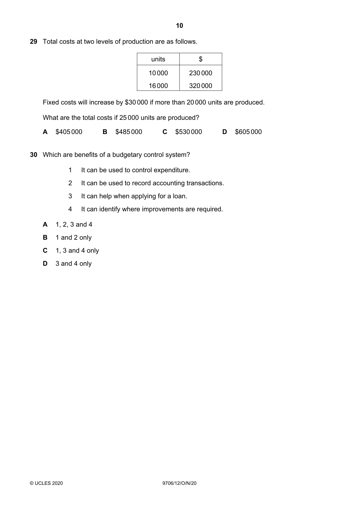 Cambridge A Level Accounting 9706 2020 Oct/Nov Paper 1 · Variant 2 question paper, page 10 of 12