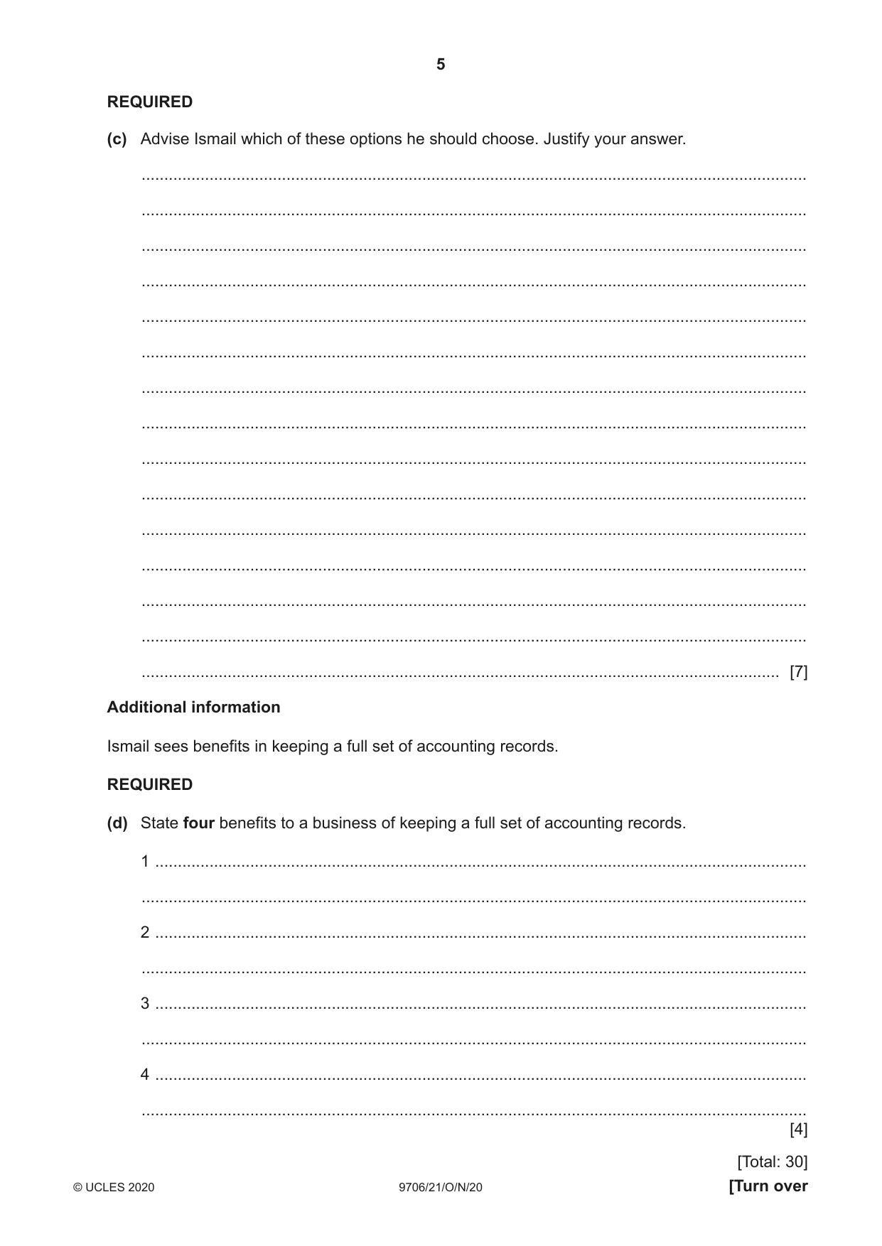 Cambridge A Level Accounting 9706 2020 Oct/Nov Paper 2 · Variant 1 question paper, page 5 of 16