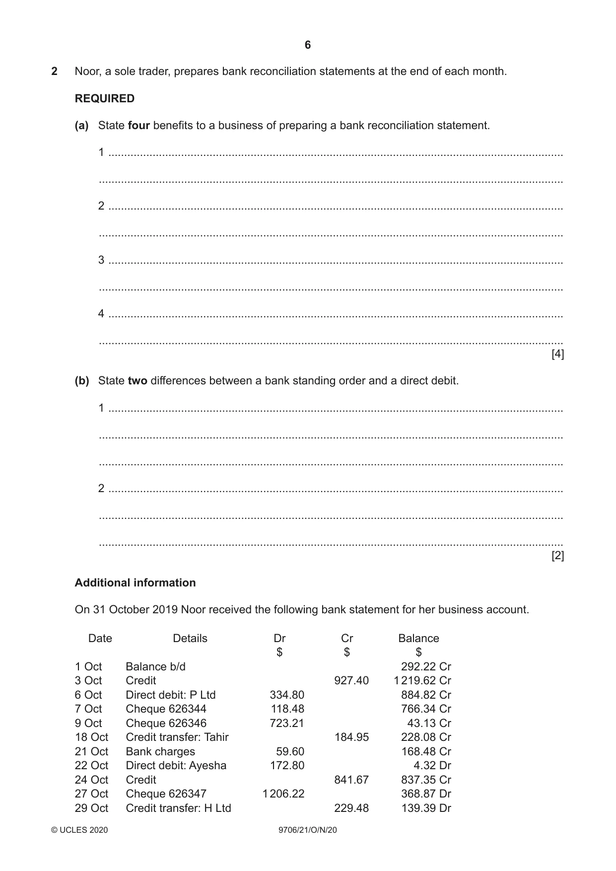 Cambridge A Level Accounting 9706 2020 Oct/Nov Paper 2 · Variant 1 question paper, page 6 of 16