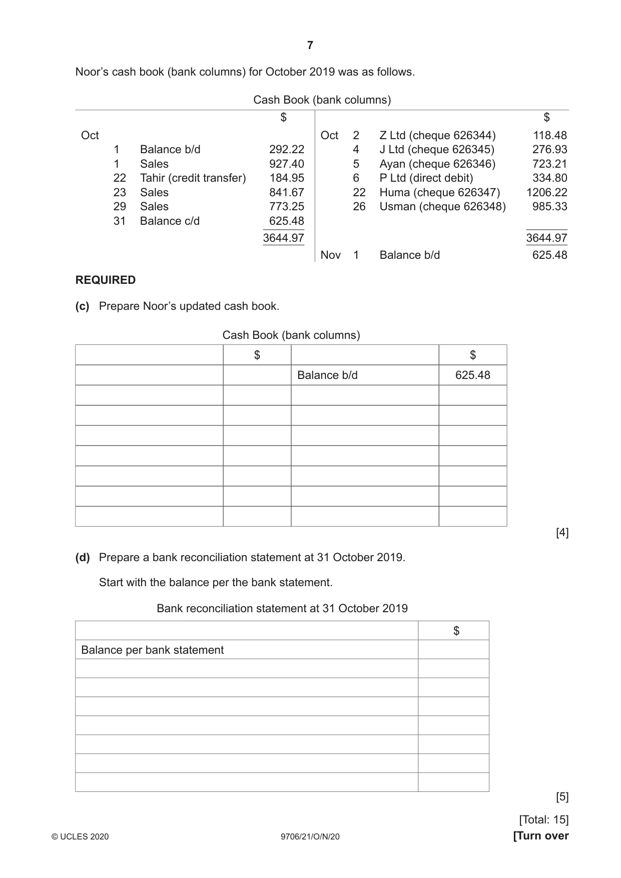 Cambridge A Level Accounting 9706 2020 Oct/Nov Paper 2 · Variant 1 question paper, page 7 of 16