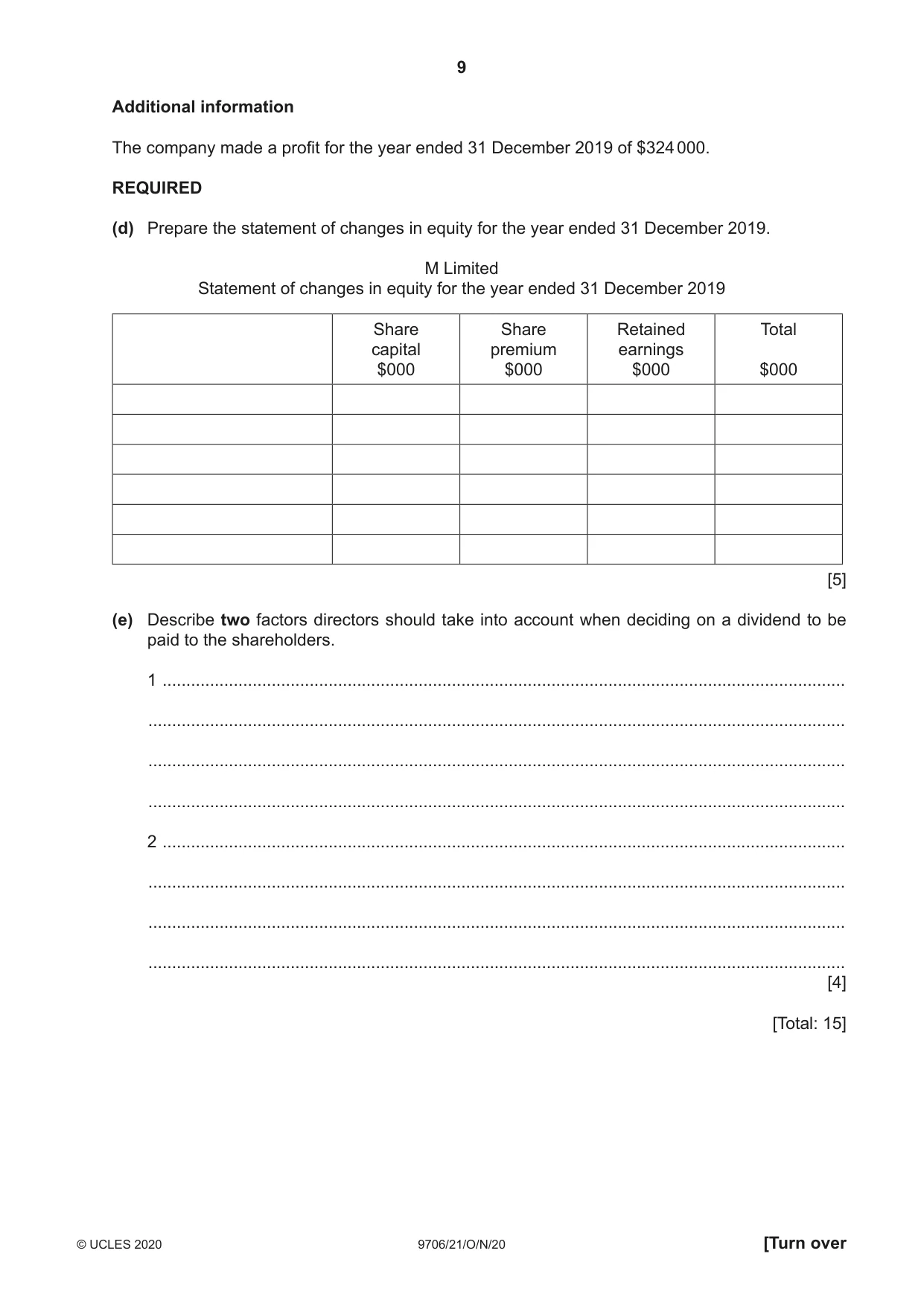 Cambridge A Level Accounting 9706 2020 Oct/Nov Paper 2 · Variant 1 question paper, page 9 of 16