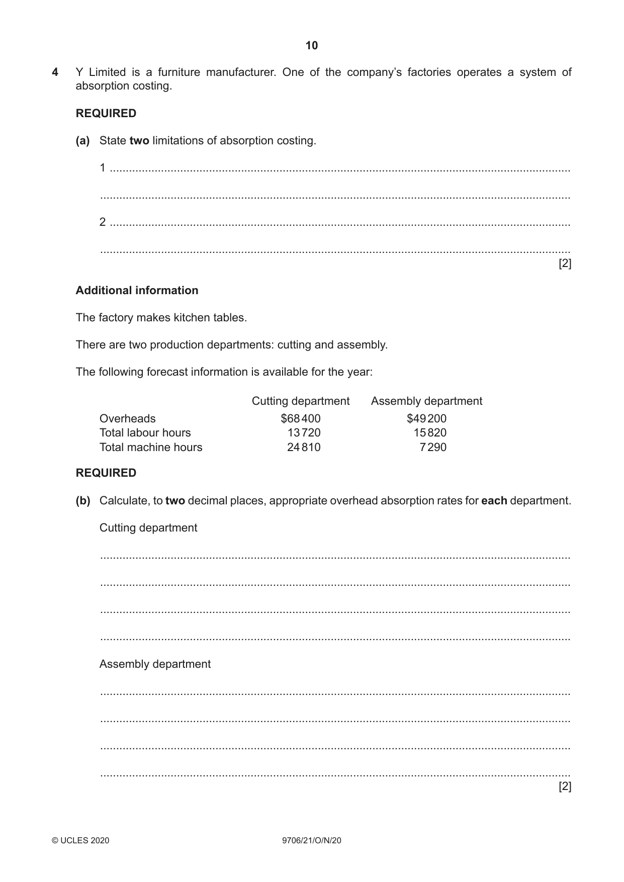 Cambridge A Level Accounting 9706 2020 Oct/Nov Paper 2 · Variant 1 question paper, page 10 of 16