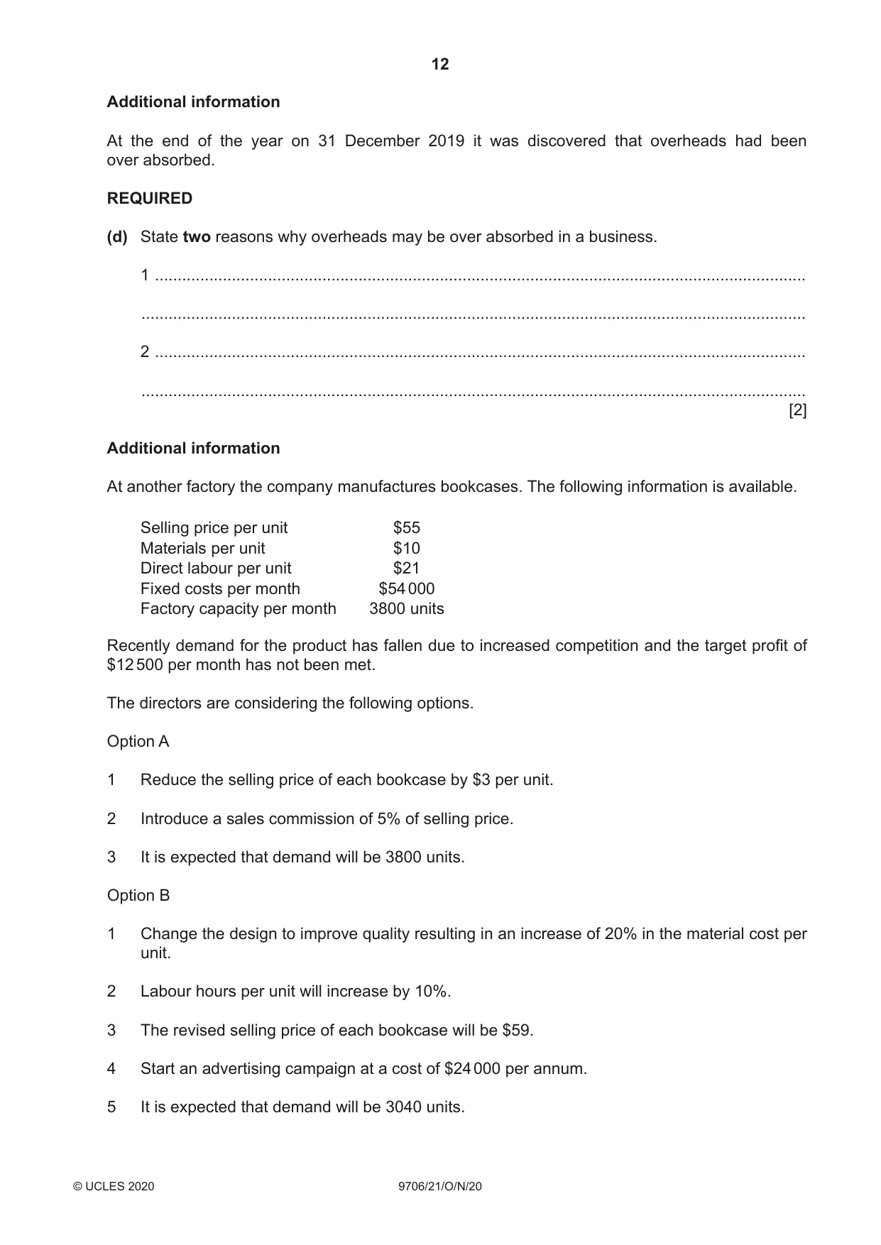 Cambridge A Level Accounting 9706 2020 Oct/Nov Paper 2 · Variant 1 question paper, page 12 of 16