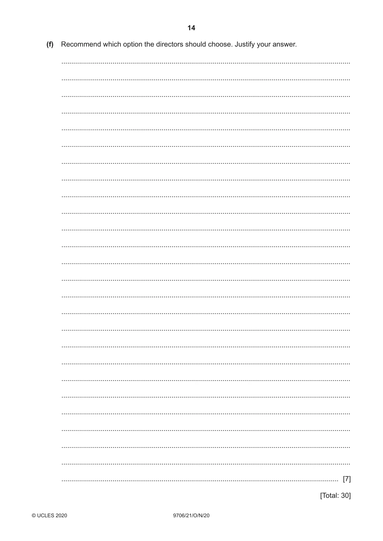 Cambridge A Level Accounting 9706 2020 Oct/Nov Paper 2 · Variant 1 question paper, page 14 of 16