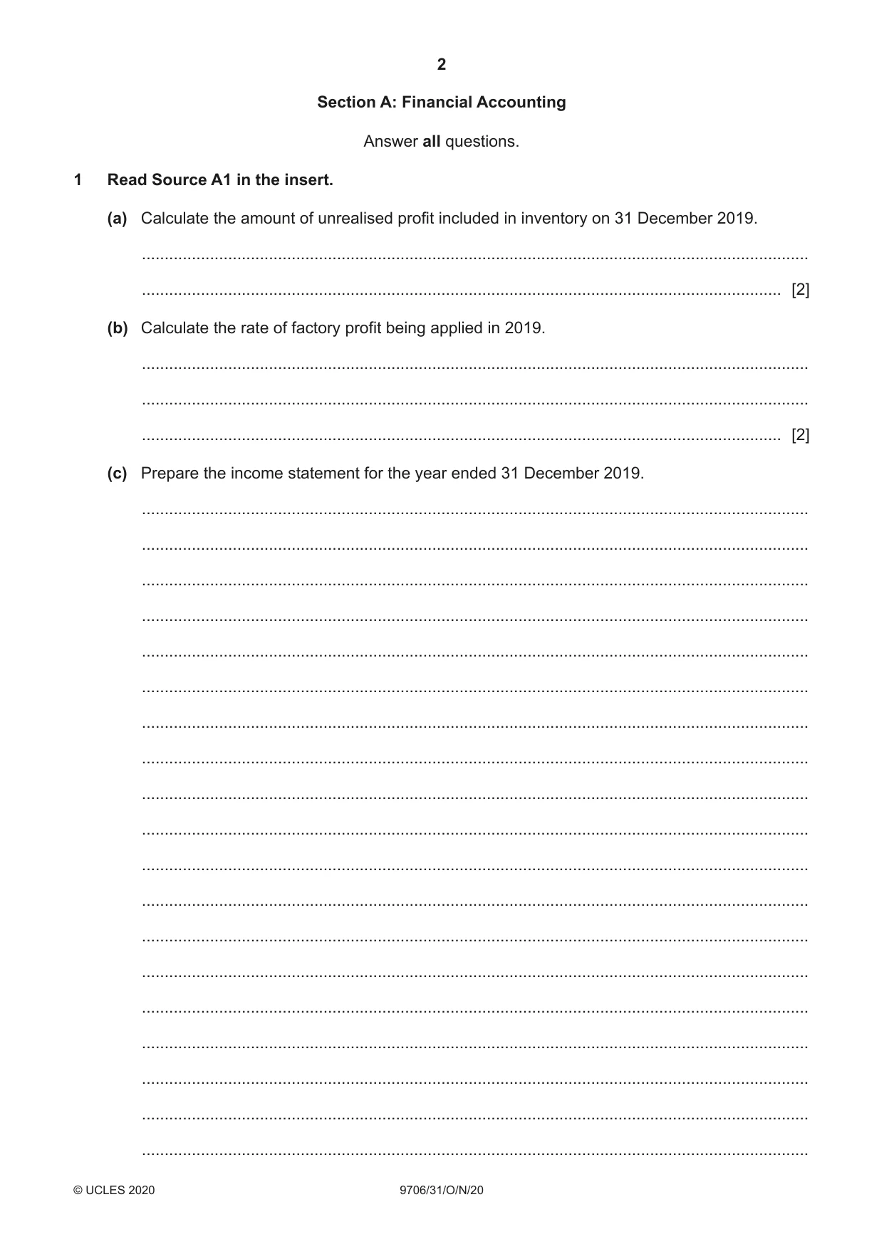 Cambridge A Level Accounting 9706 2020 Oct/Nov Paper 3 · Variant 1 question paper, page 2 of 20