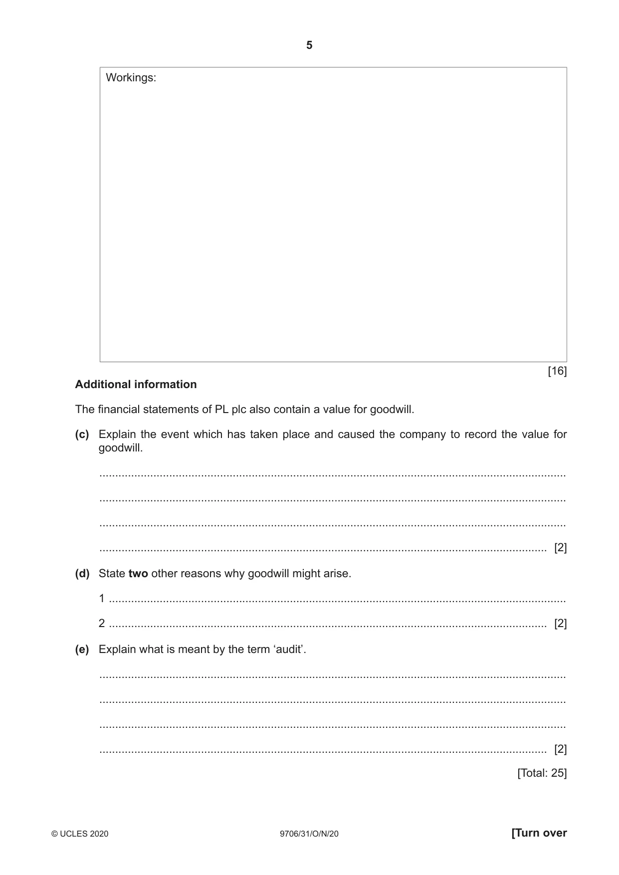 Cambridge A Level Accounting 9706 2020 Oct/Nov Paper 3 · Variant 1 question paper, page 5 of 20