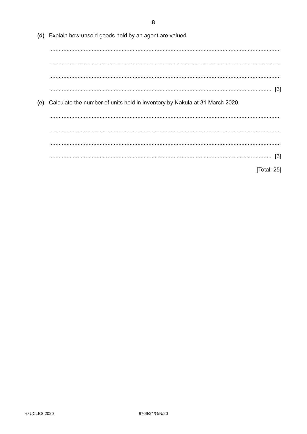 Cambridge A Level Accounting 9706 2020 Oct/Nov Paper 3 · Variant 1 question paper, page 8 of 20