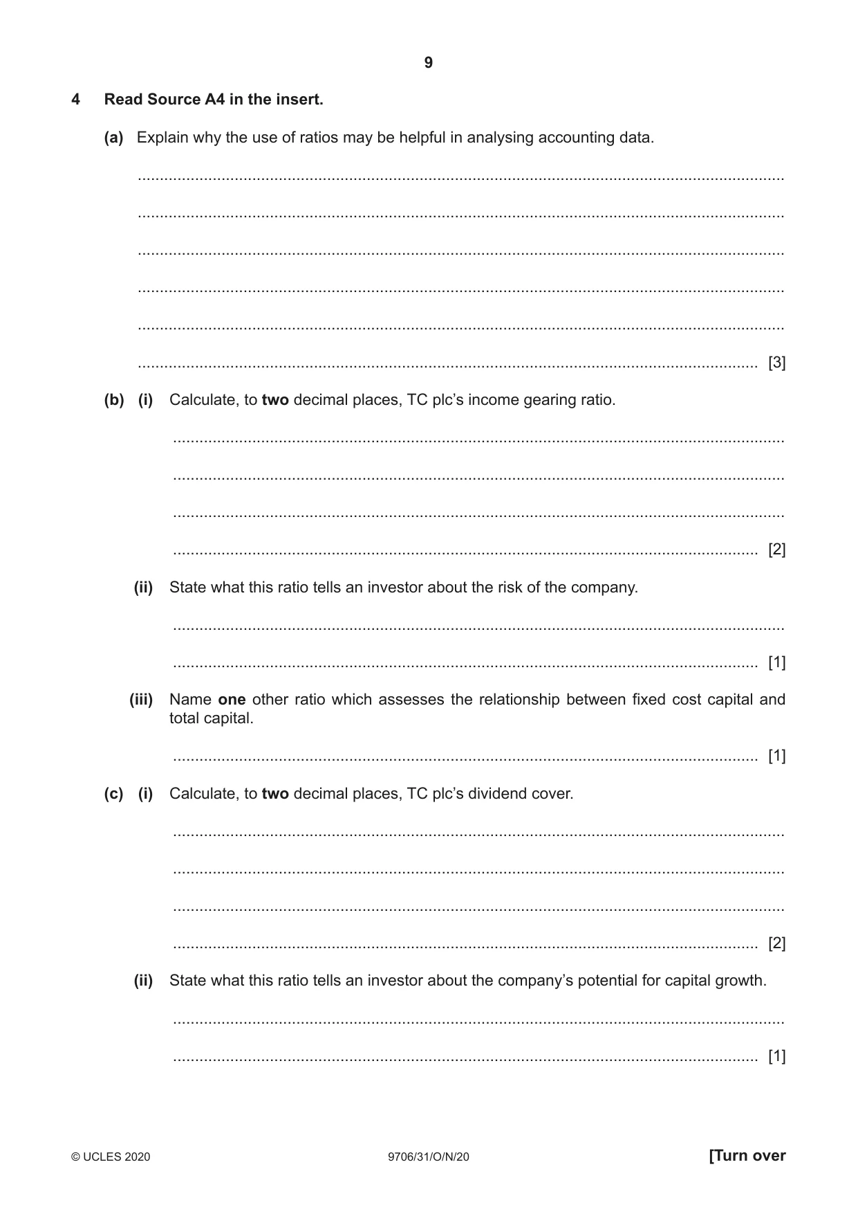 Cambridge A Level Accounting 9706 2020 Oct/Nov Paper 3 · Variant 1 question paper, page 9 of 20
