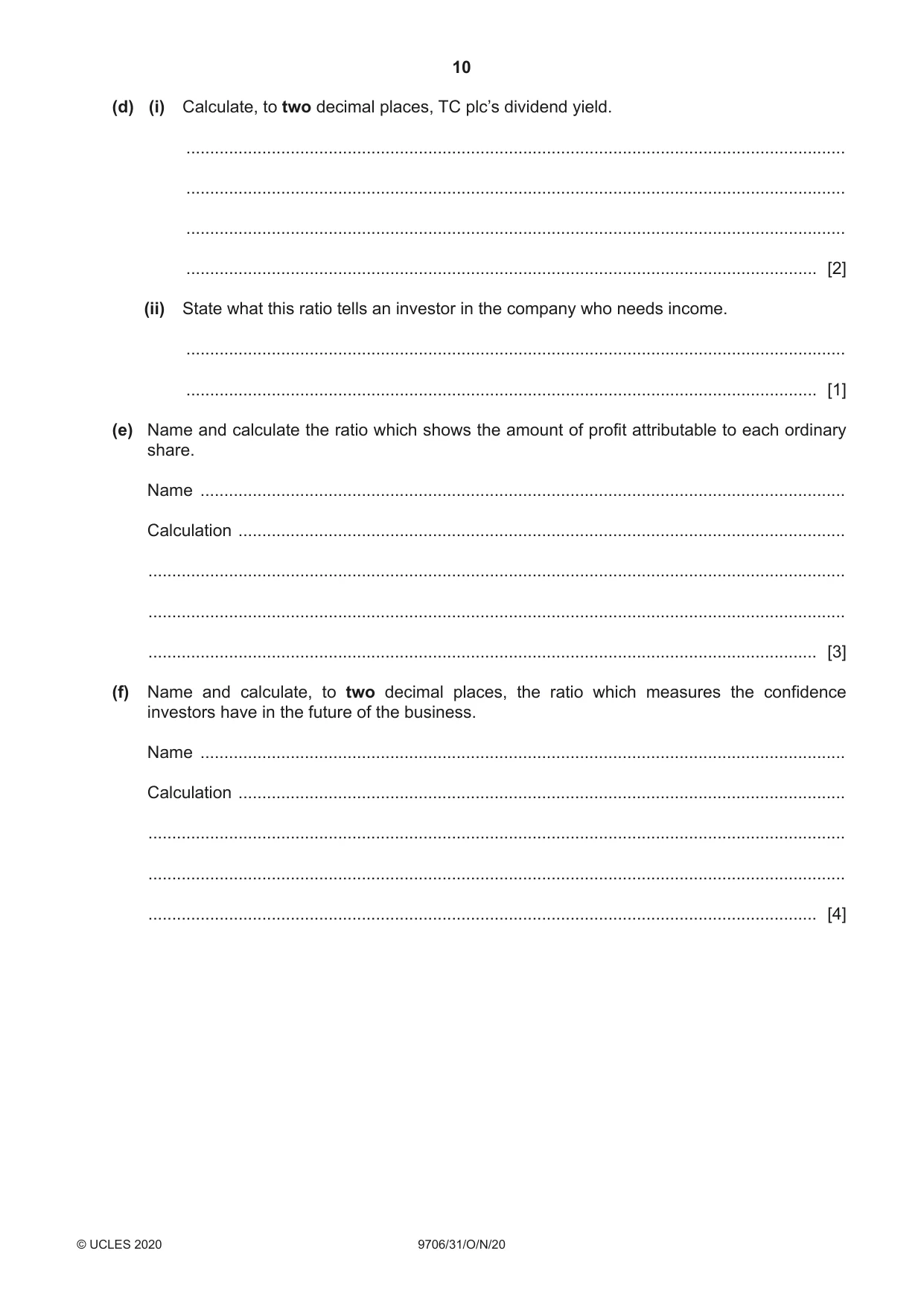 Cambridge A Level Accounting 9706 2020 Oct/Nov Paper 3 · Variant 1 question paper, page 10 of 20