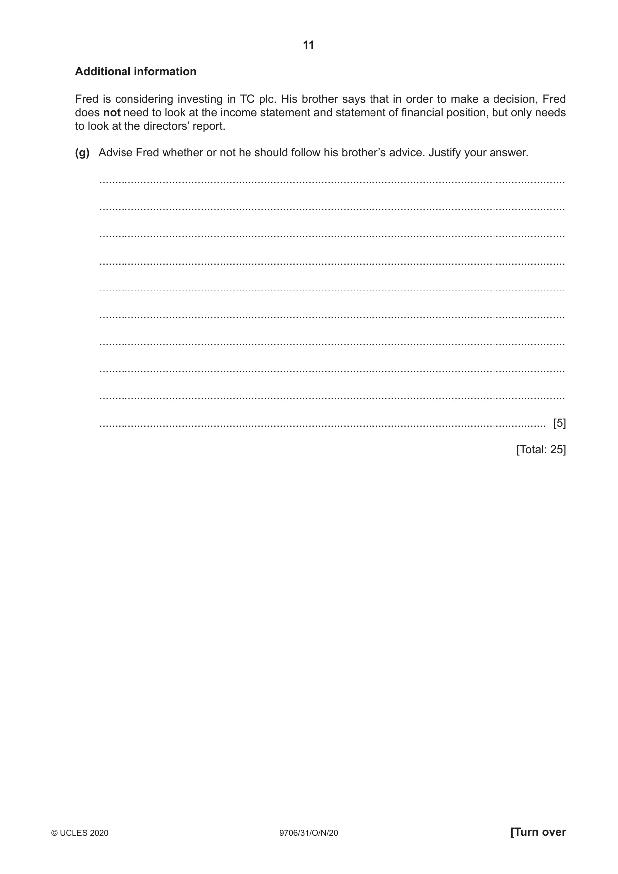 Cambridge A Level Accounting 9706 2020 Oct/Nov Paper 3 · Variant 1 question paper, page 11 of 20