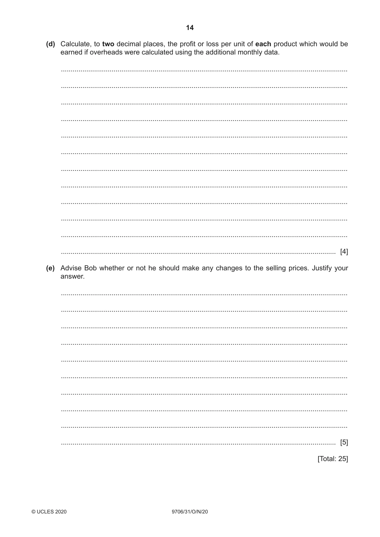 Cambridge A Level Accounting 9706 2020 Oct/Nov Paper 3 · Variant 1 question paper, page 14 of 20