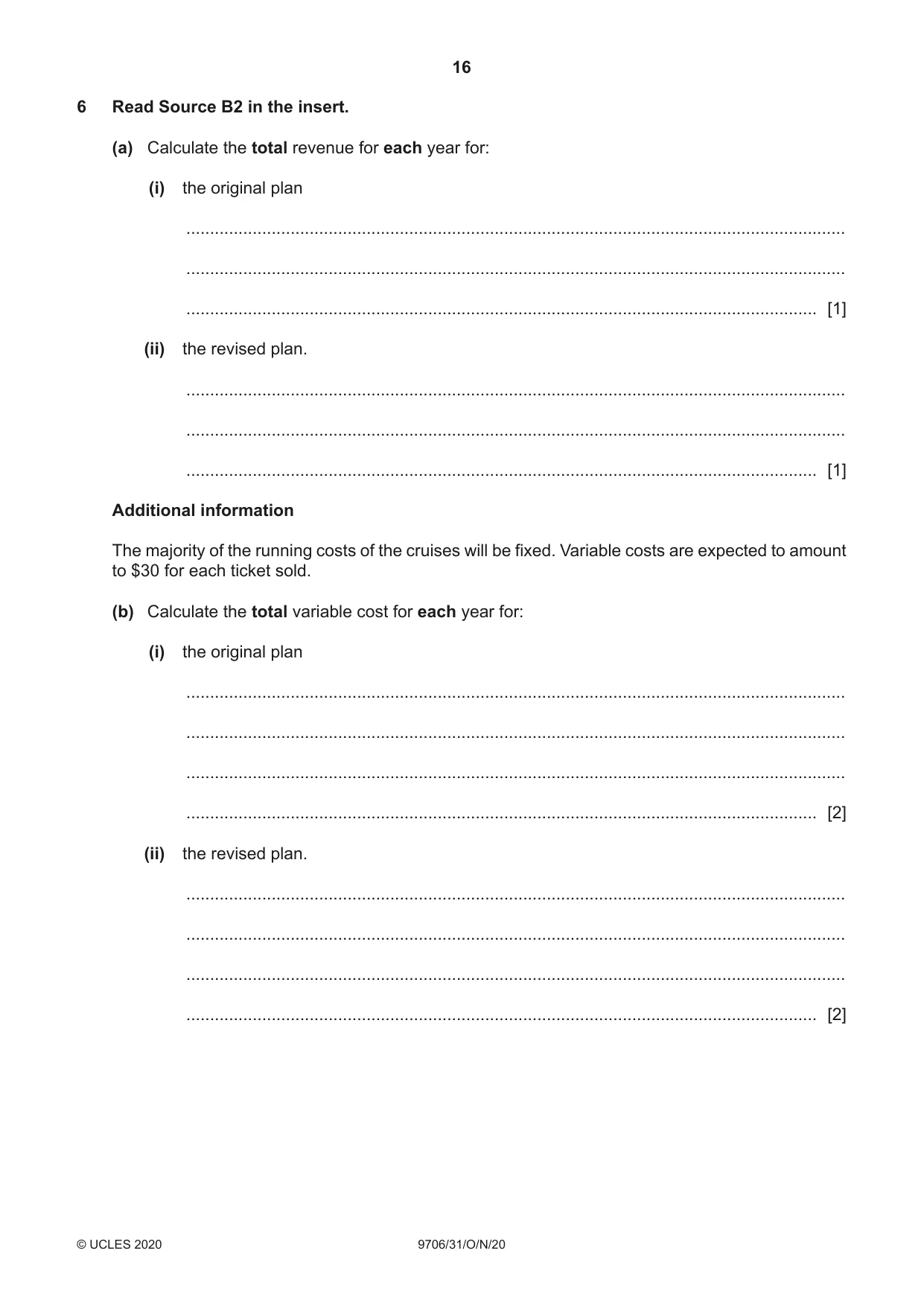 Cambridge A Level Accounting 9706 2020 Oct/Nov Paper 3 · Variant 1 question paper, page 16 of 20