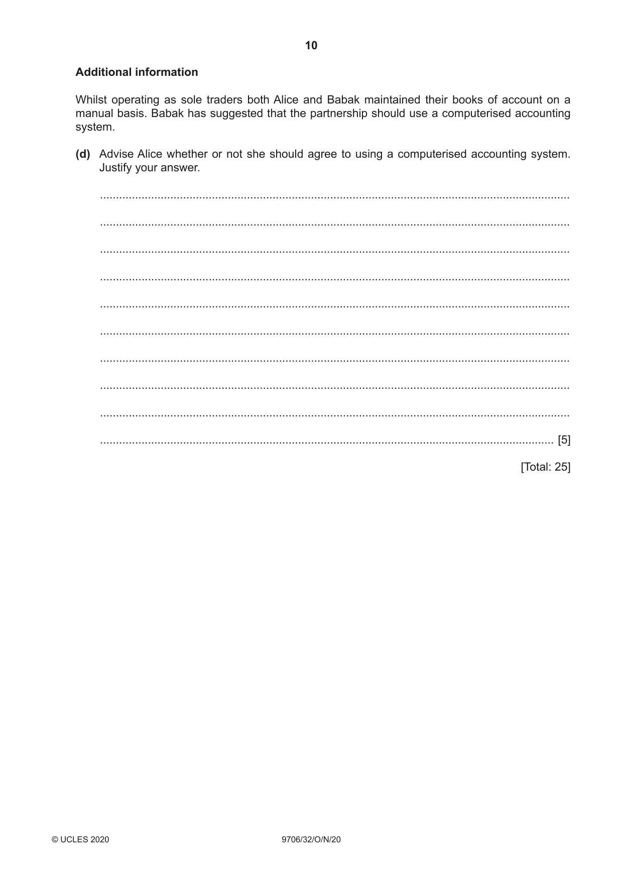 Cambridge A Level Accounting 9706 2020 Oct/Nov Paper 3 · Variant 2 question paper, page 10 of 20