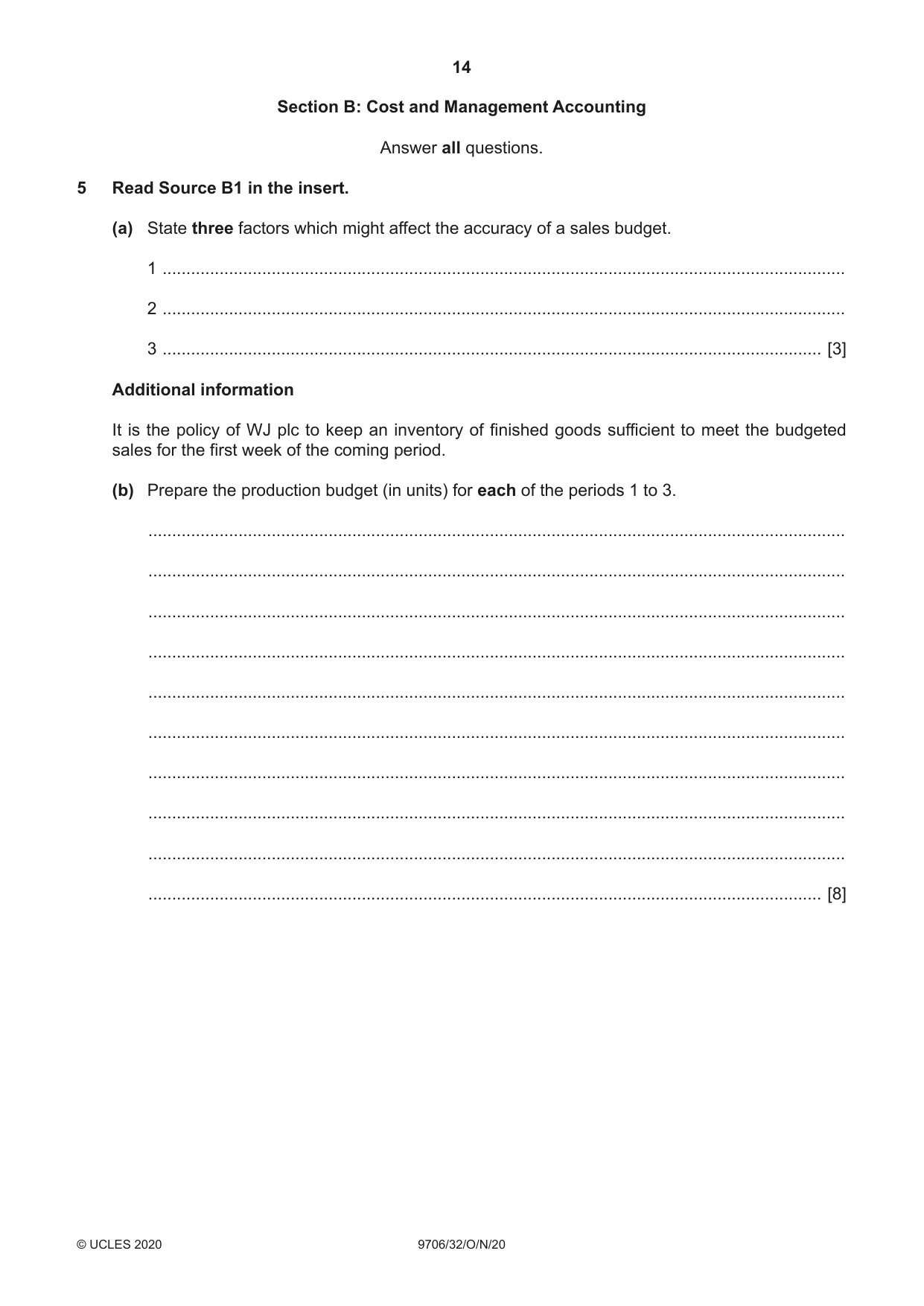 Cambridge A Level Accounting 9706 2020 Oct/Nov Paper 3 · Variant 2 question paper, page 14 of 20