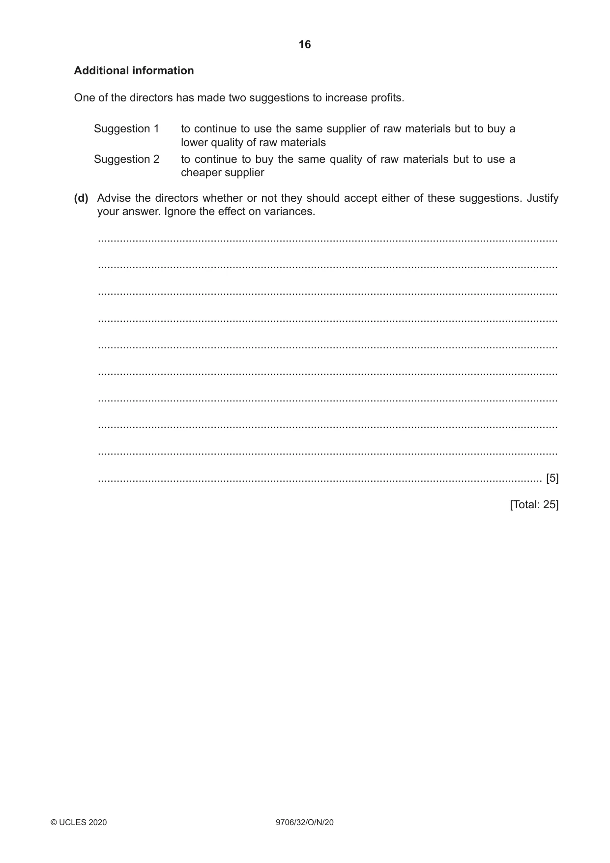 Cambridge A Level Accounting 9706 2020 Oct/Nov Paper 3 · Variant 2 question paper, page 16 of 20