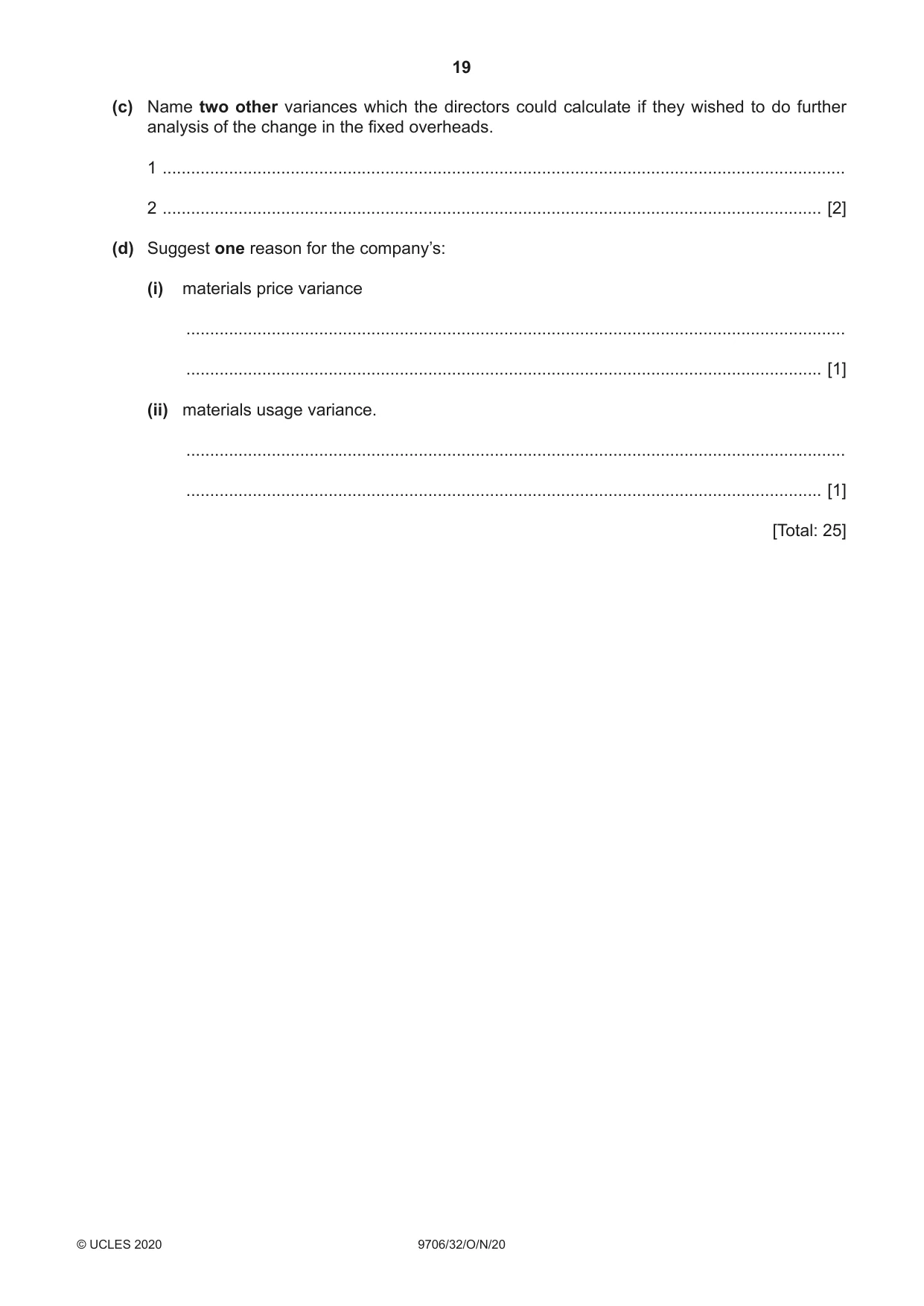 Cambridge A Level Accounting 9706 2020 Oct/Nov Paper 3 · Variant 2 question paper, page 19 of 20
