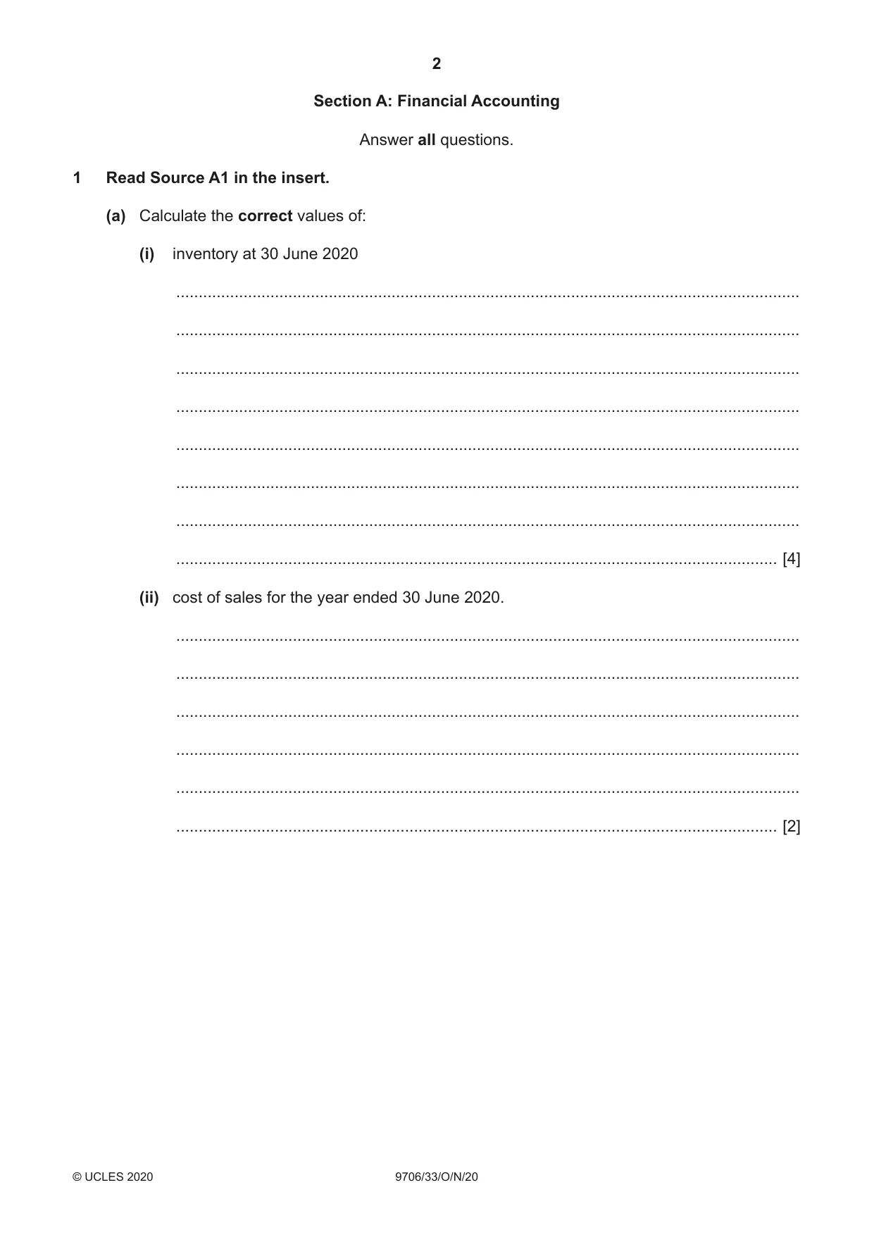 Cambridge A Level Accounting 9706 2020 Oct/Nov Paper 3 · Variant 3 question paper, page 2 of 20