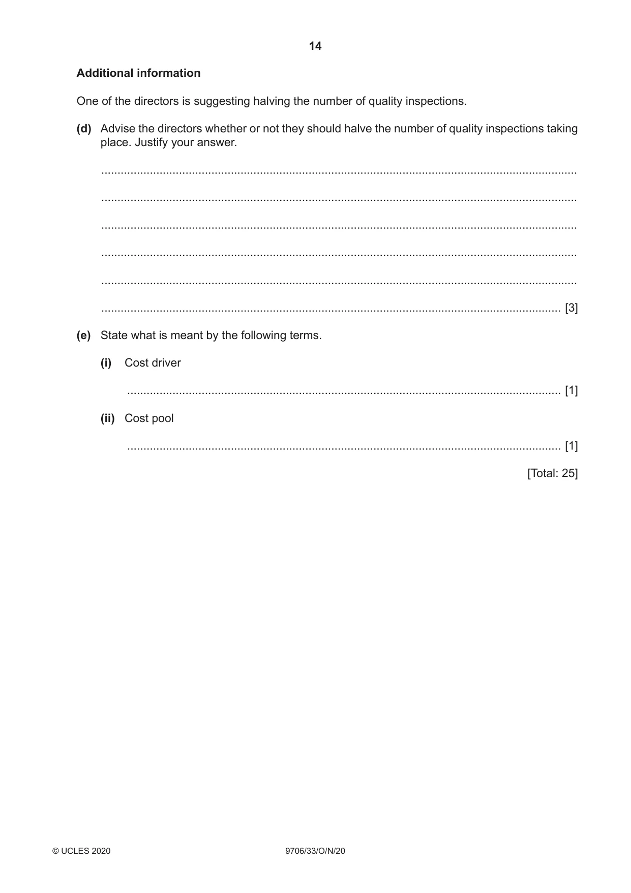 Cambridge A Level Accounting 9706 2020 Oct/Nov Paper 3 · Variant 3 question paper, page 14 of 20