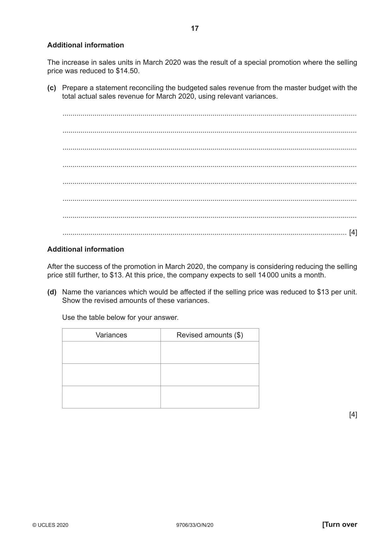 Cambridge A Level Accounting 9706 2020 Oct/Nov Paper 3 · Variant 3 question paper, page 17 of 20