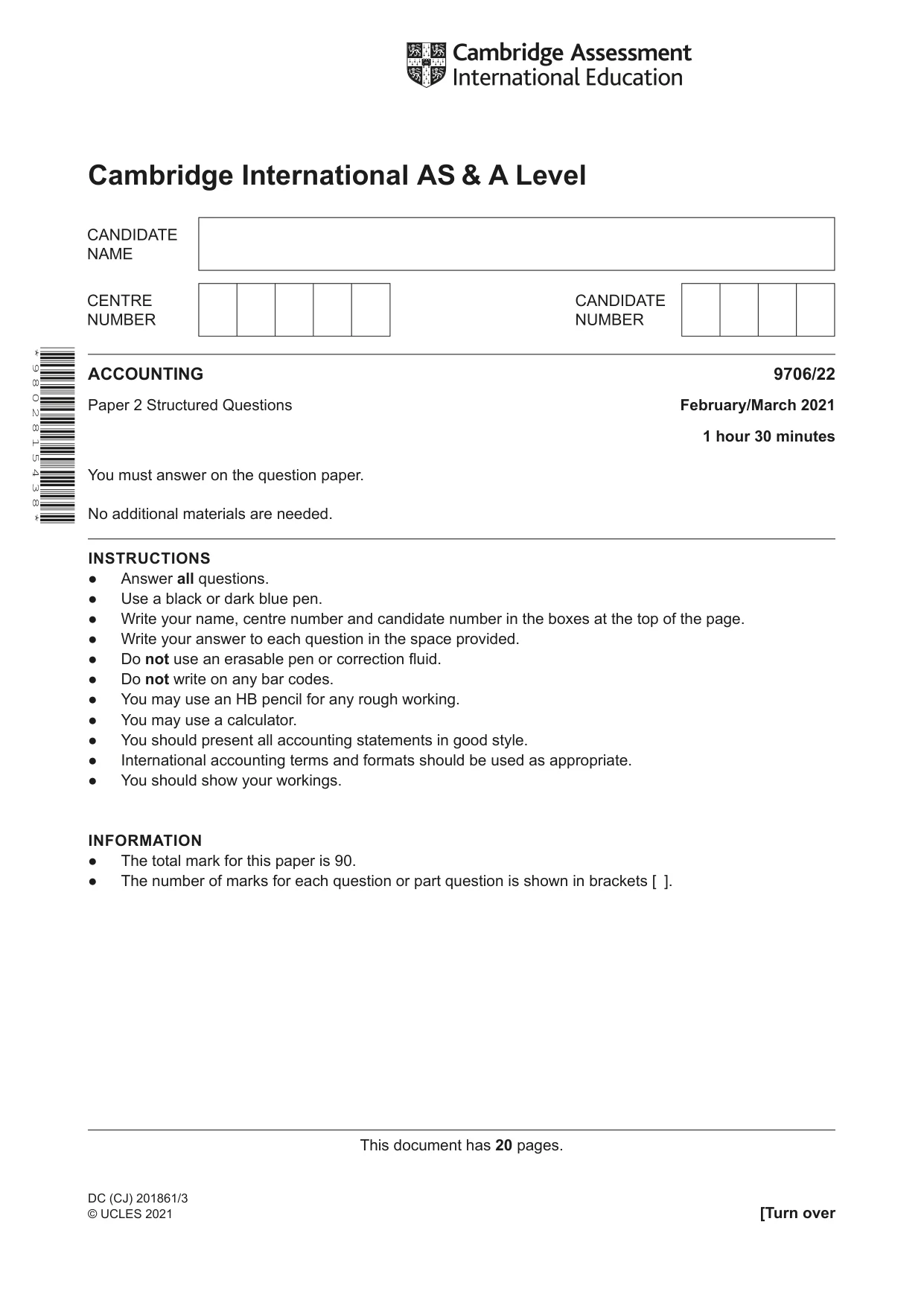 Cambridge A Level Accounting 9706 2021 Feb/March Paper 2 · Variant 2 question paper, page 1 of 20