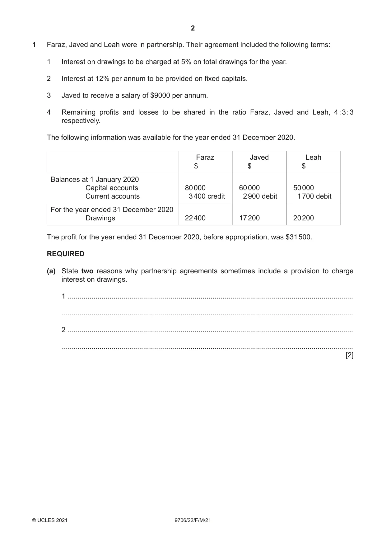 Cambridge A Level Accounting 9706 2021 Feb/March Paper 2 · Variant 2 question paper, page 2 of 20