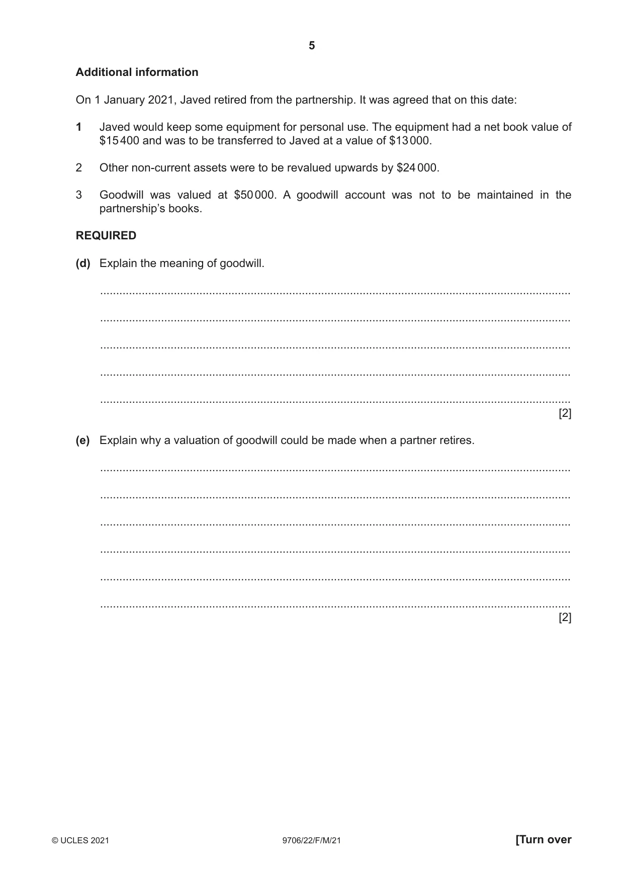 Cambridge A Level Accounting 9706 2021 Feb/March Paper 2 · Variant 2 question paper, page 5 of 20