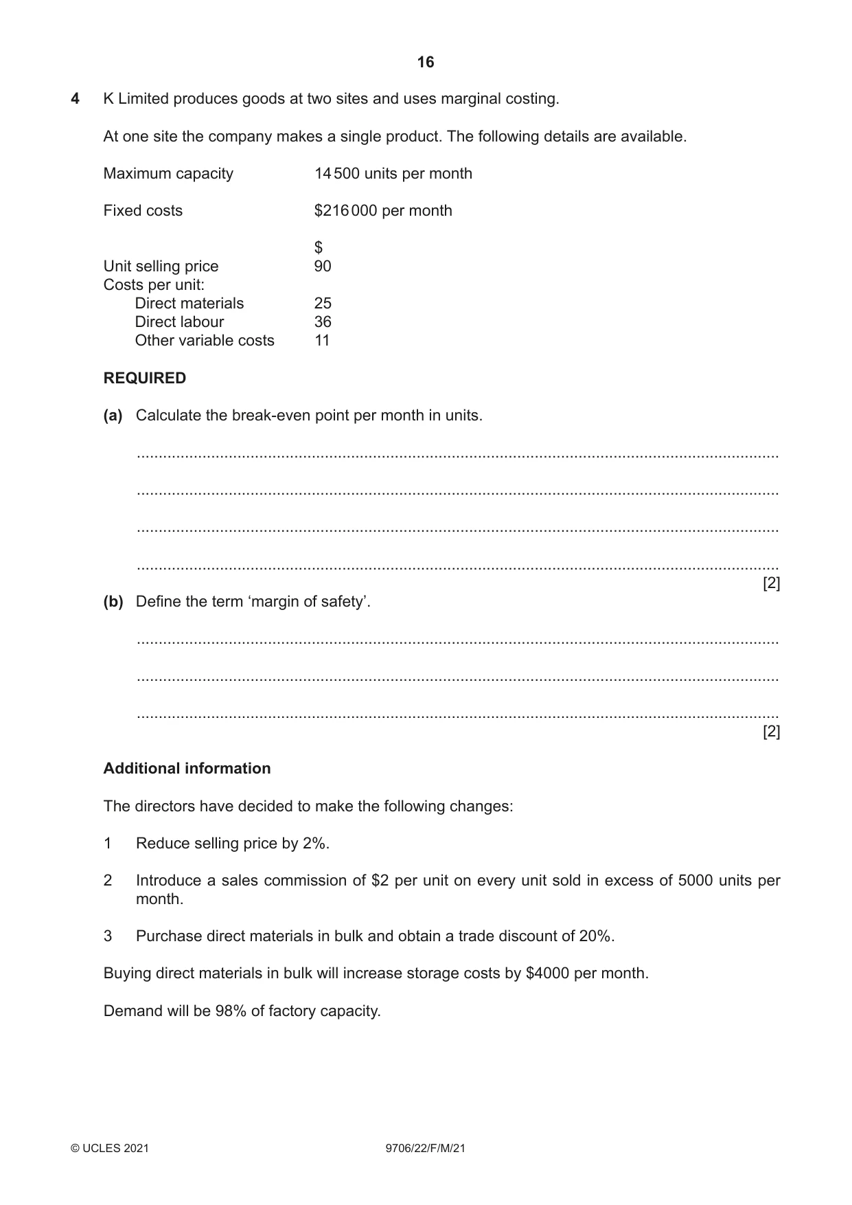 Cambridge A Level Accounting 9706 2021 Feb/March Paper 2 · Variant 2 question paper, page 16 of 20