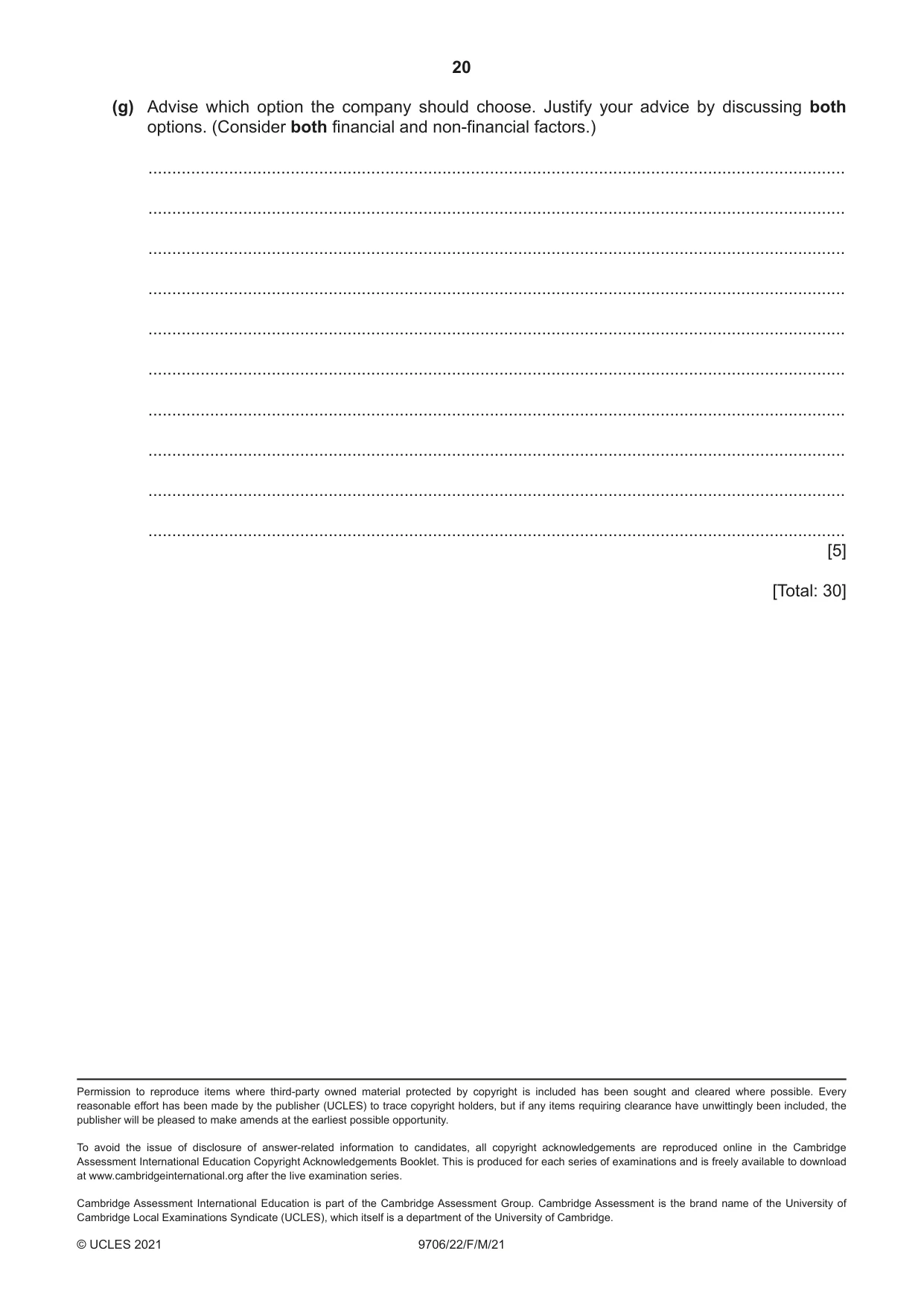Cambridge A Level Accounting 9706 2021 Feb/March Paper 2 · Variant 2 question paper, page 20 of 20