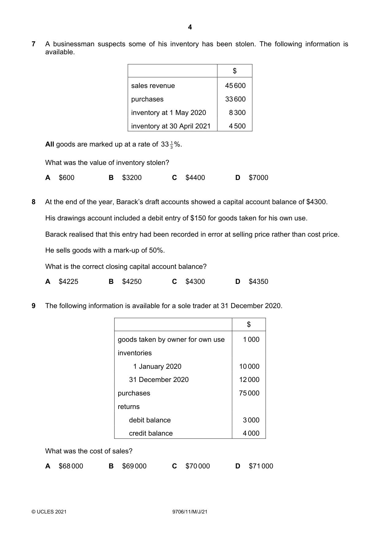 Cambridge A Level Accounting 9706 2021 May/June Paper 1 · Variant 1 question paper, page 4 of 12