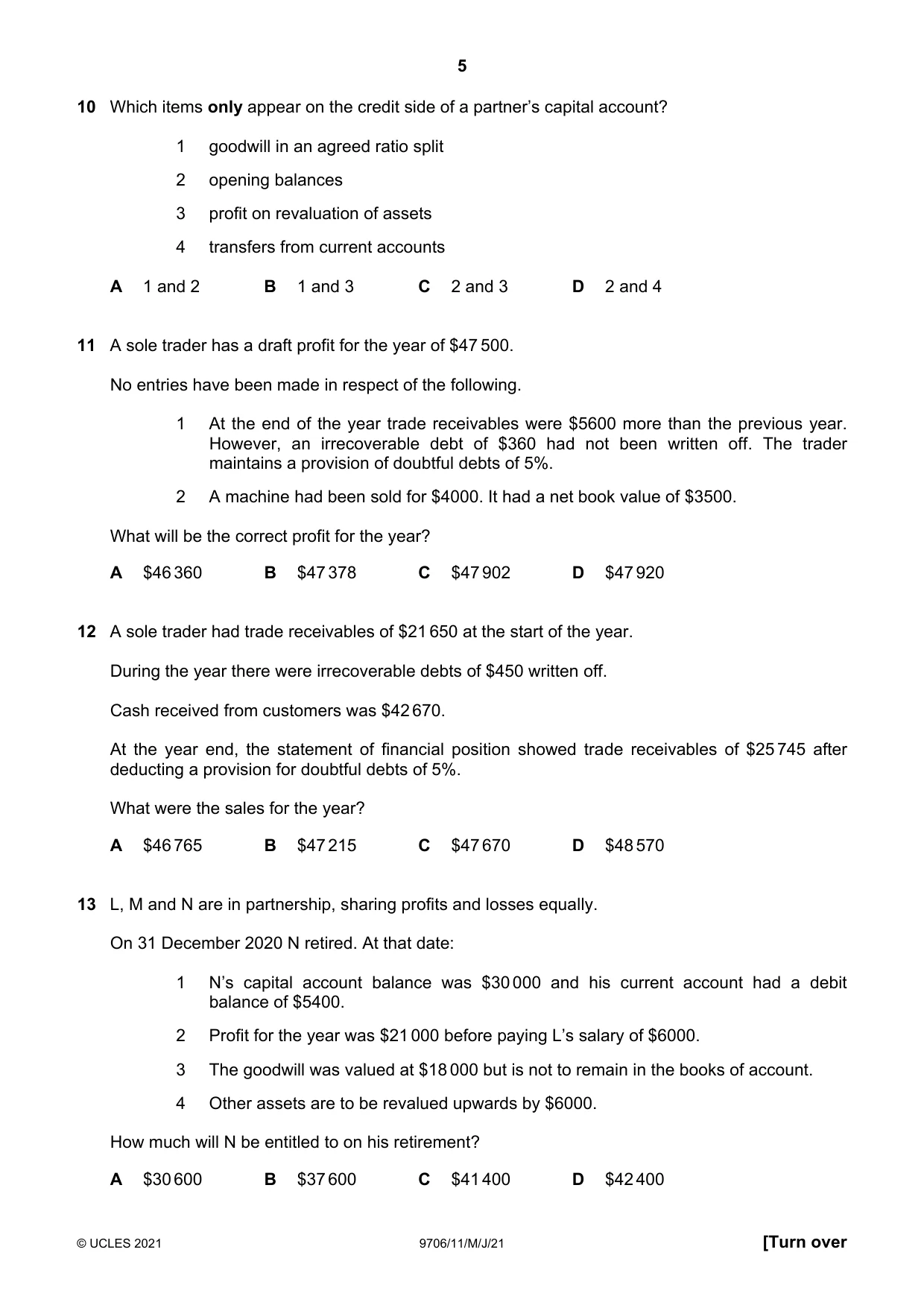 Cambridge A Level Accounting 9706 2021 May/June Paper 1 · Variant 1 question paper, page 5 of 12