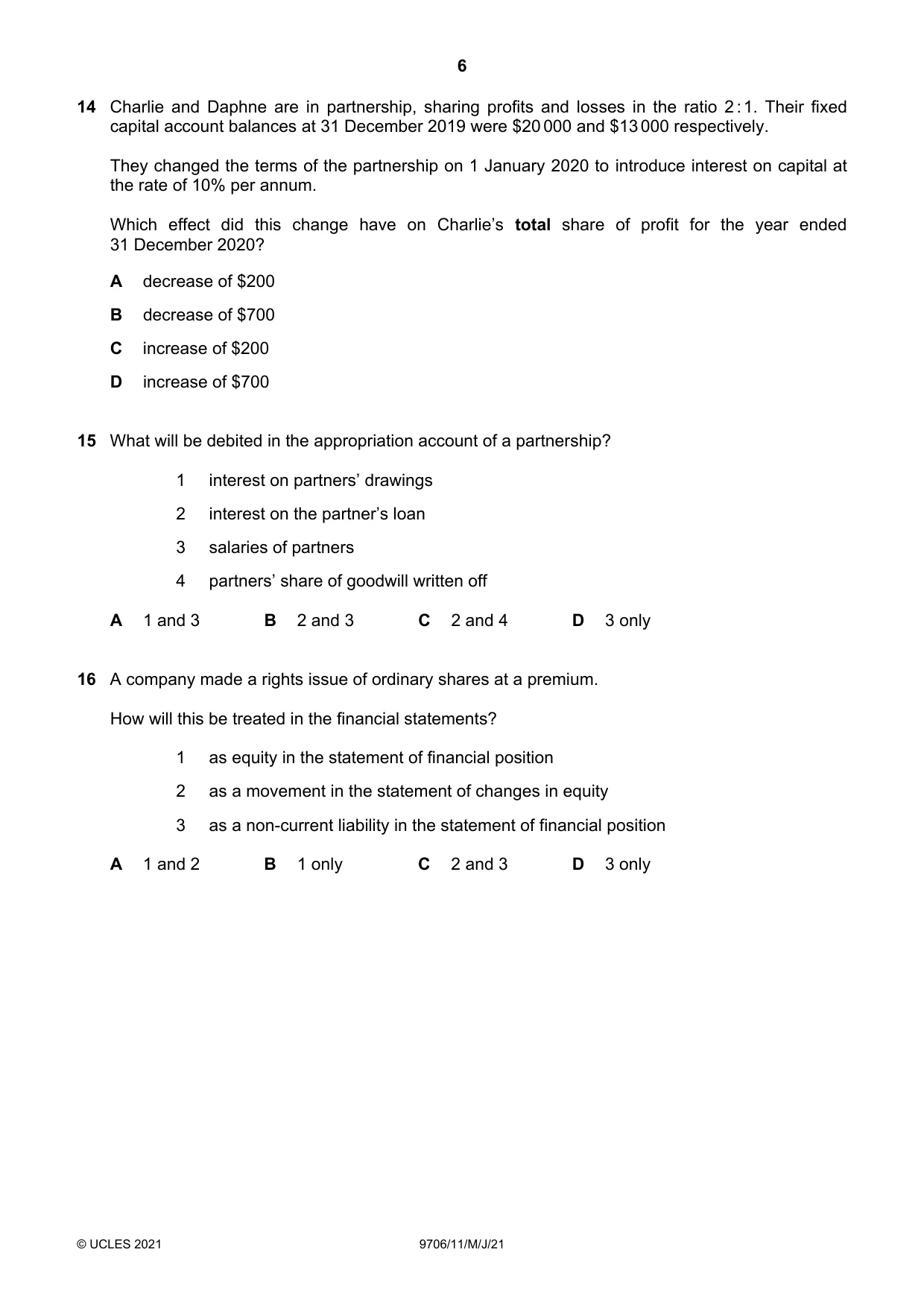 Cambridge A Level Accounting 9706 2021 May/June Paper 1 · Variant 1 question paper, page 6 of 12