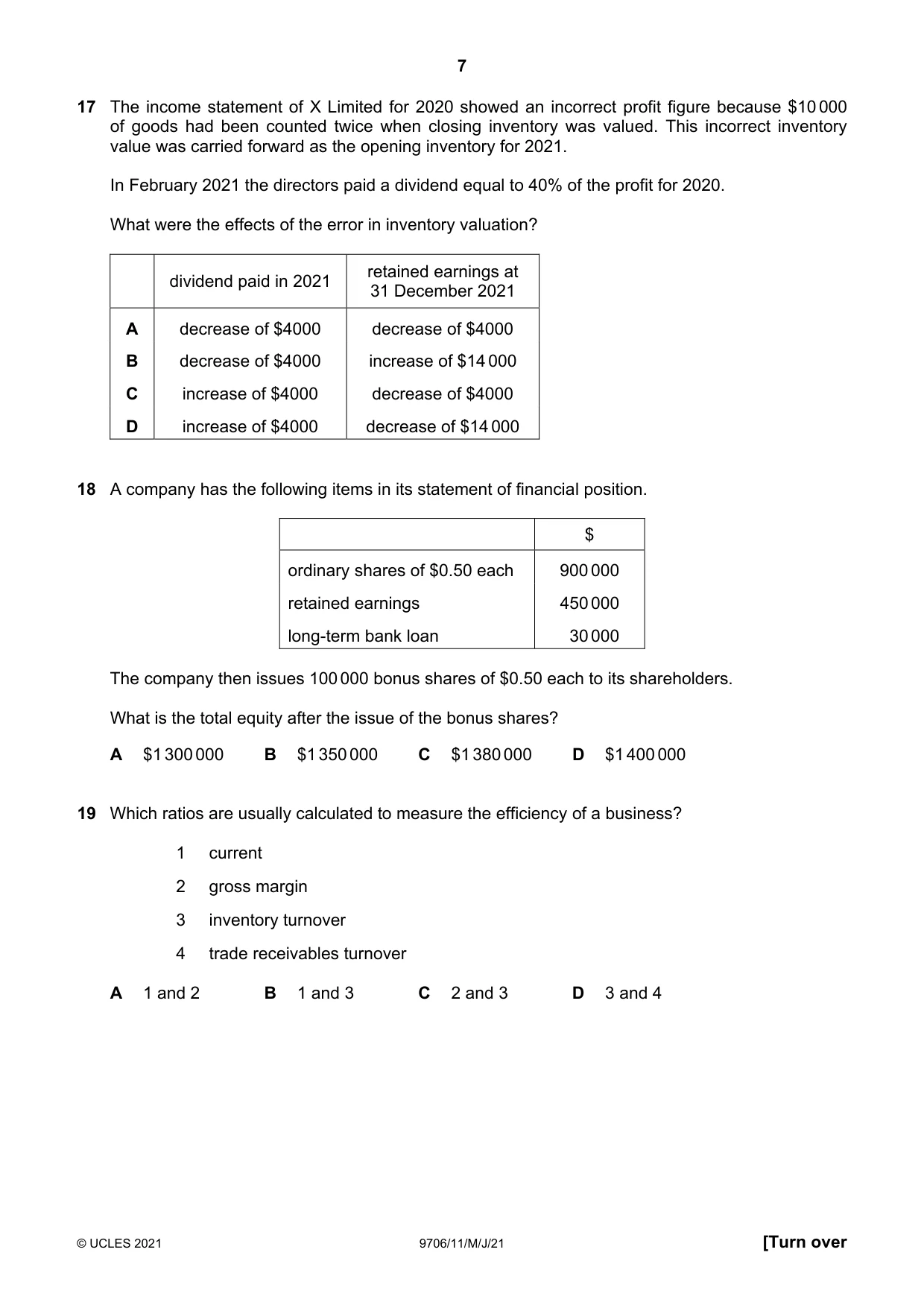 Cambridge A Level Accounting 9706 2021 May/June Paper 1 · Variant 1 question paper, page 7 of 12