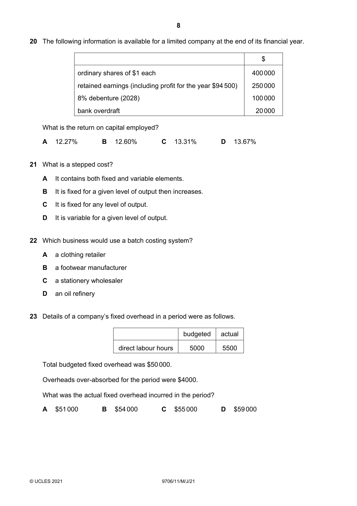 Cambridge A Level Accounting 9706 2021 May/June Paper 1 · Variant 1 question paper, page 8 of 12