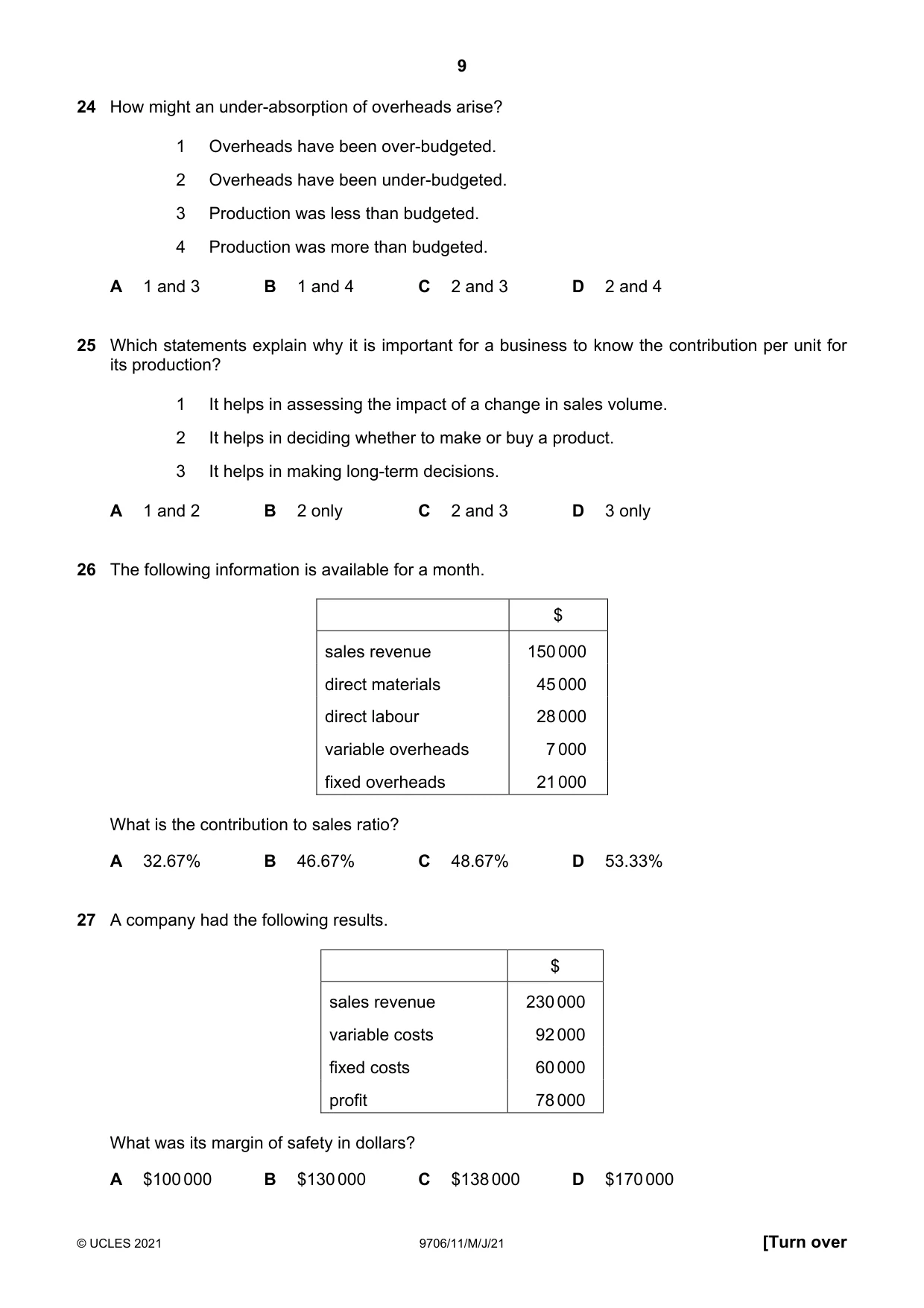 Cambridge A Level Accounting 9706 2021 May/June Paper 1 · Variant 1 question paper, page 9 of 12