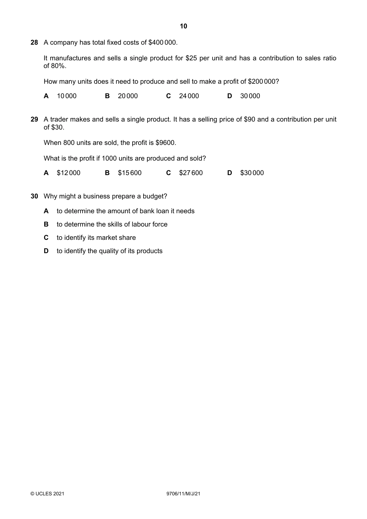 Cambridge A Level Accounting 9706 2021 May/June Paper 1 · Variant 1 question paper, page 10 of 12