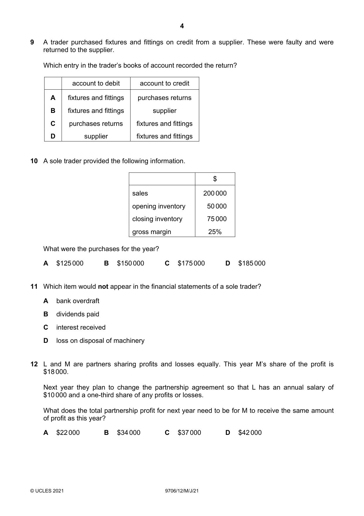 Cambridge A Level Accounting 9706 2021 May/June Paper 1 · Variant 2 question paper, page 4 of 12