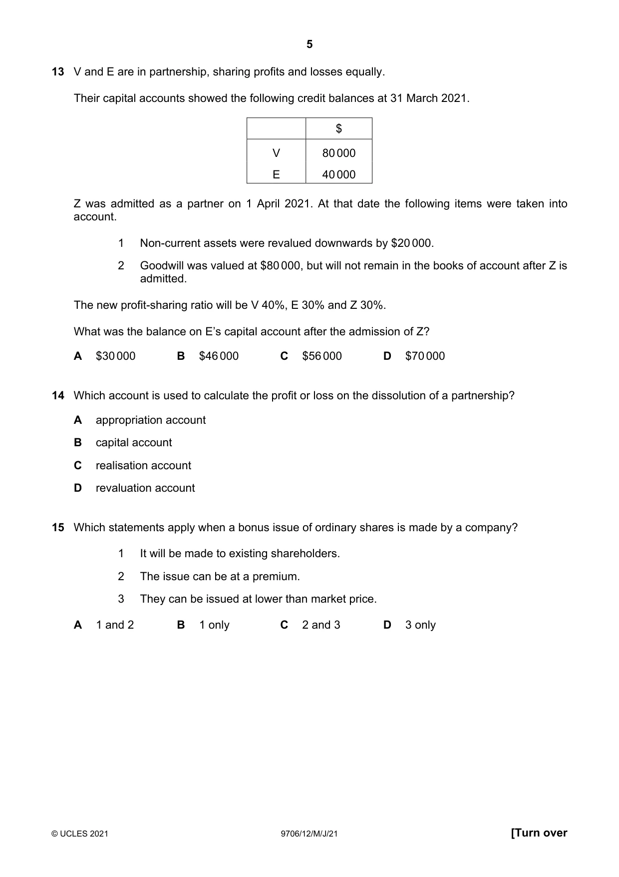 Cambridge A Level Accounting 9706 2021 May/June Paper 1 · Variant 2 question paper, page 5 of 12