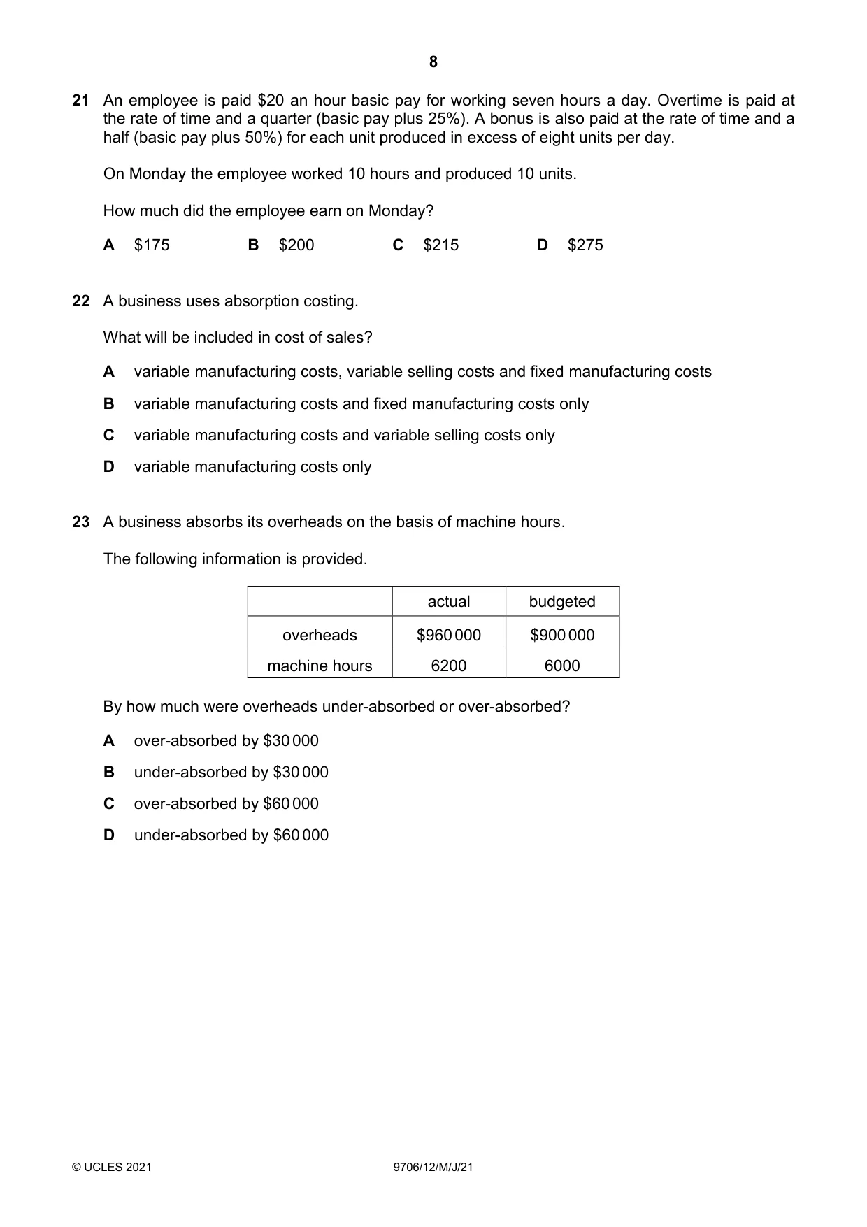 Cambridge A Level Accounting 9706 2021 May/June Paper 1 · Variant 2 question paper, page 8 of 12