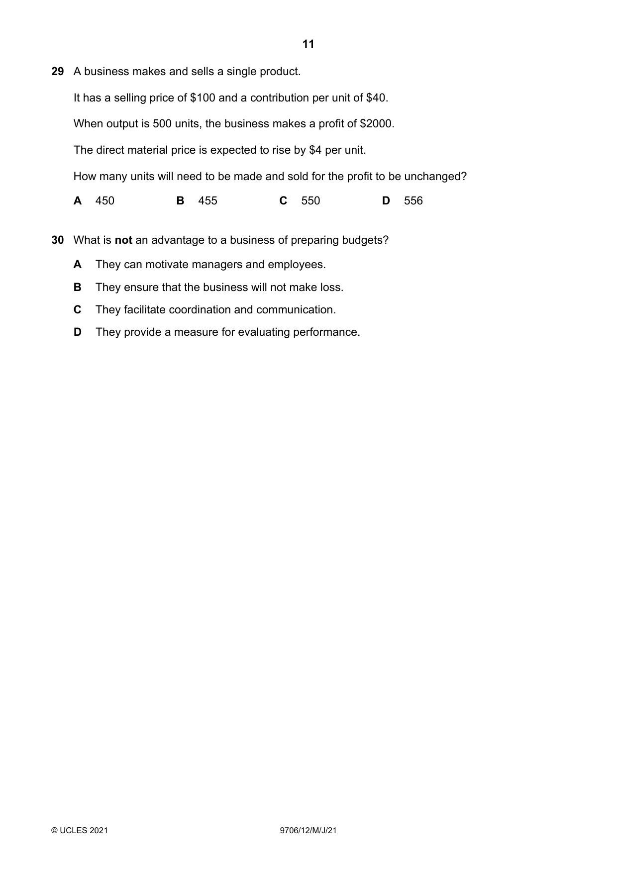 Cambridge A Level Accounting 9706 2021 May/June Paper 1 · Variant 2 question paper, page 11 of 12
