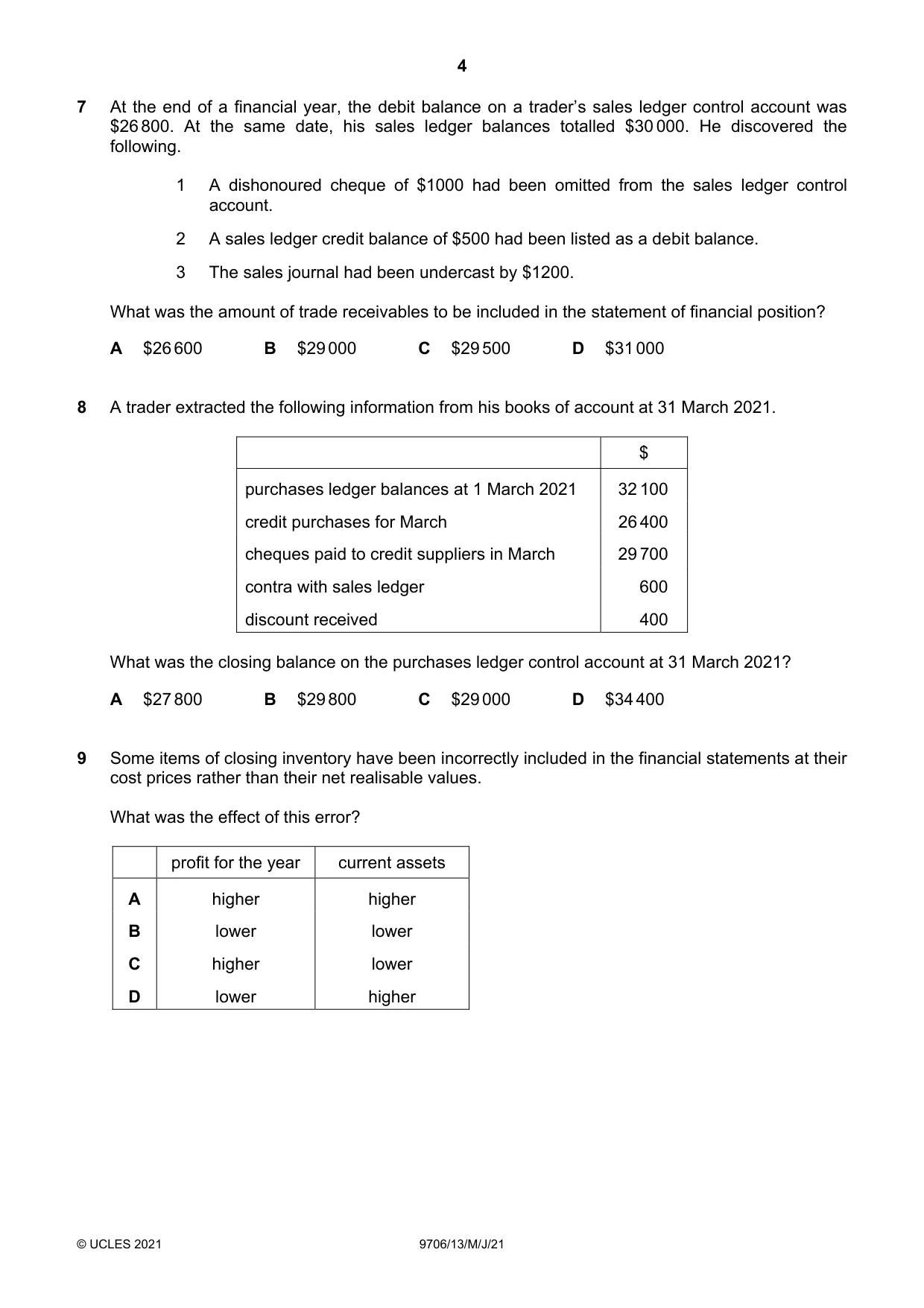 Cambridge A Level Accounting 9706 2021 May/June Paper 1 · Variant 3 question paper, page 4 of 12