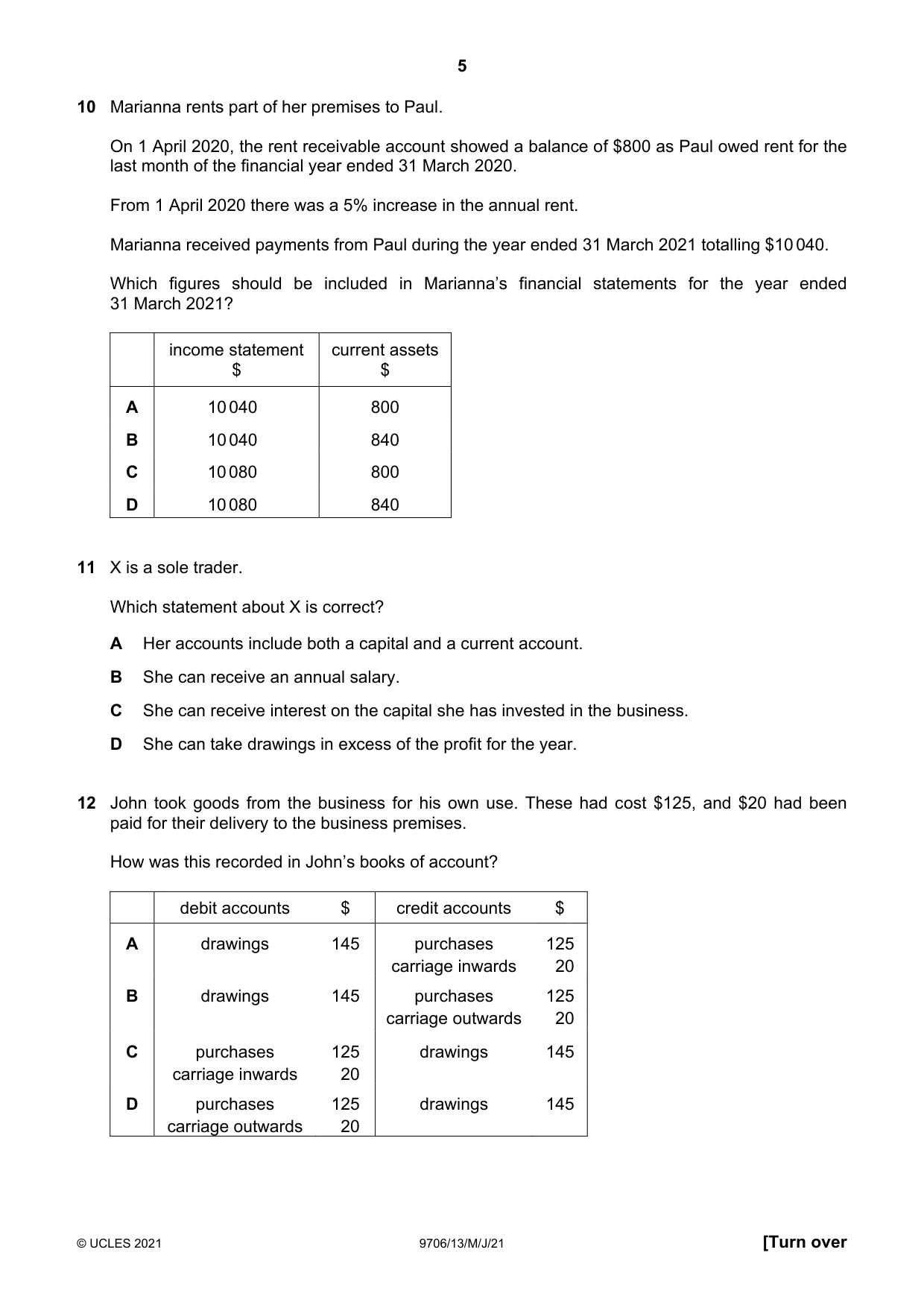 Cambridge A Level Accounting 9706 2021 May/June Paper 1 · Variant 3 question paper, page 5 of 12