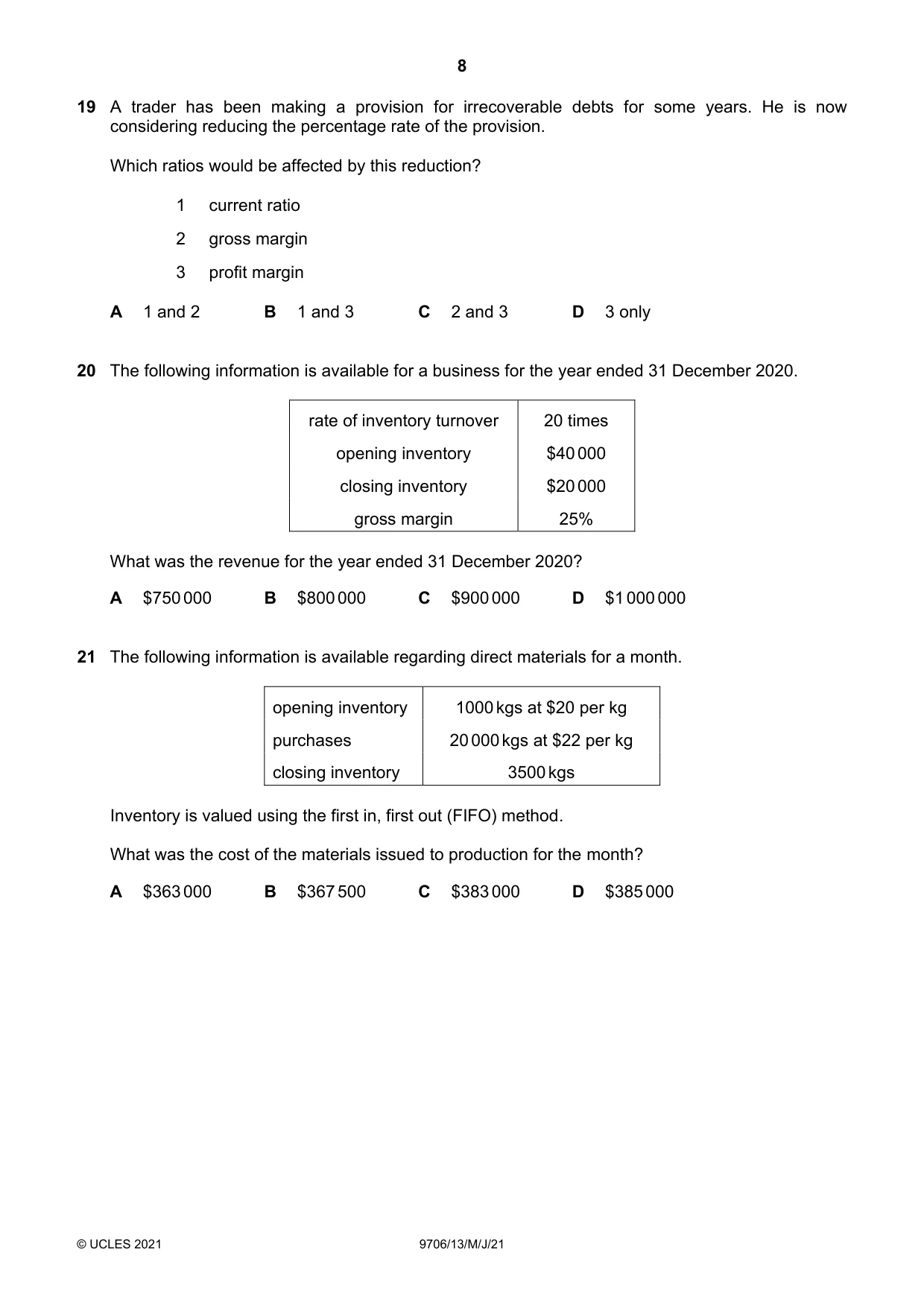 Cambridge A Level Accounting 9706 2021 May/June Paper 1 · Variant 3 question paper, page 8 of 12