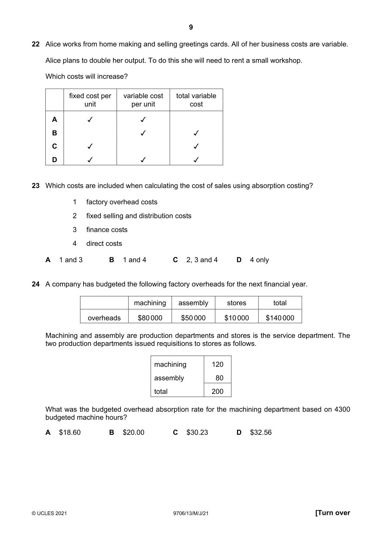 Cambridge A Level Accounting 9706 2021 May/June Paper 1 · Variant 3 question paper, page 9 of 12