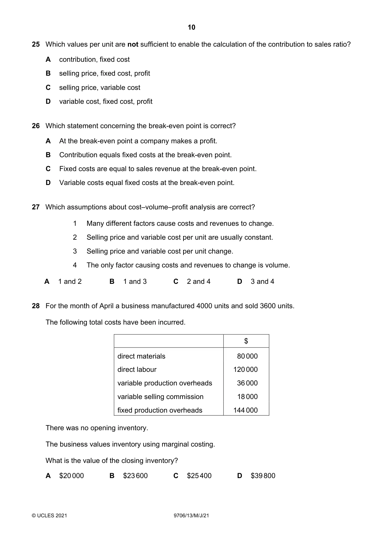 Cambridge A Level Accounting 9706 2021 May/June Paper 1 · Variant 3 question paper, page 10 of 12