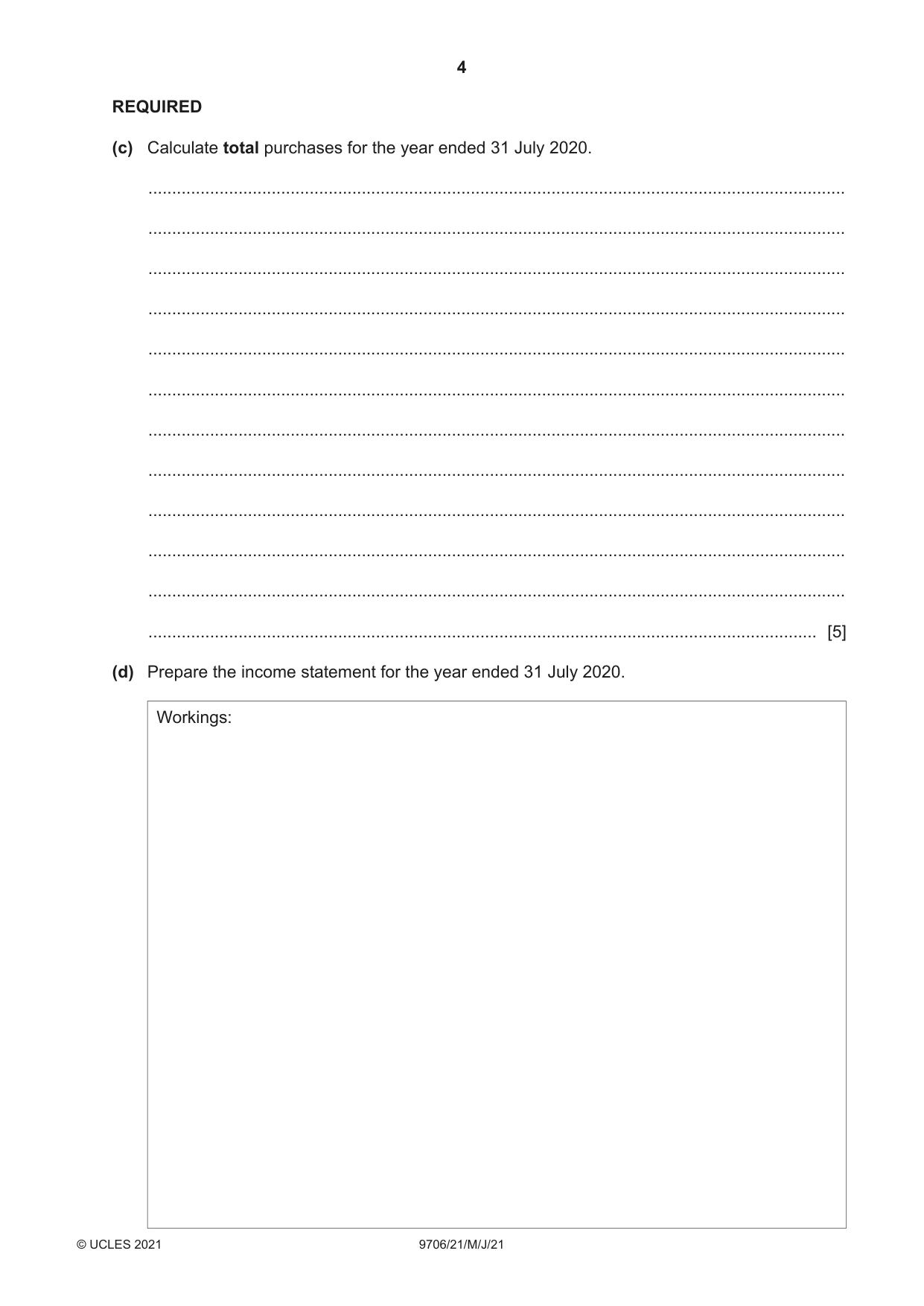 Cambridge A Level Accounting 9706 2021 May/June Paper 2 · Variant 1 question paper, page 4 of 20