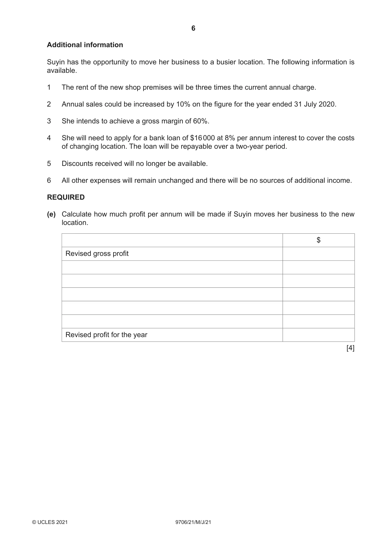 Cambridge A Level Accounting 9706 2021 May/June Paper 2 · Variant 1 question paper, page 6 of 20