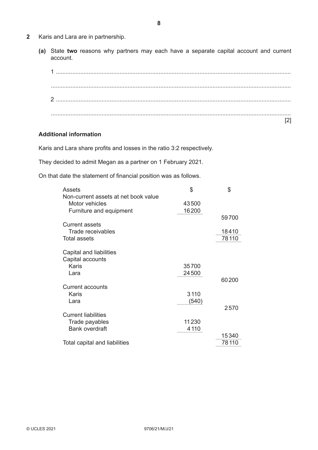 Cambridge A Level Accounting 9706 2021 May/June Paper 2 · Variant 1 question paper, page 8 of 20