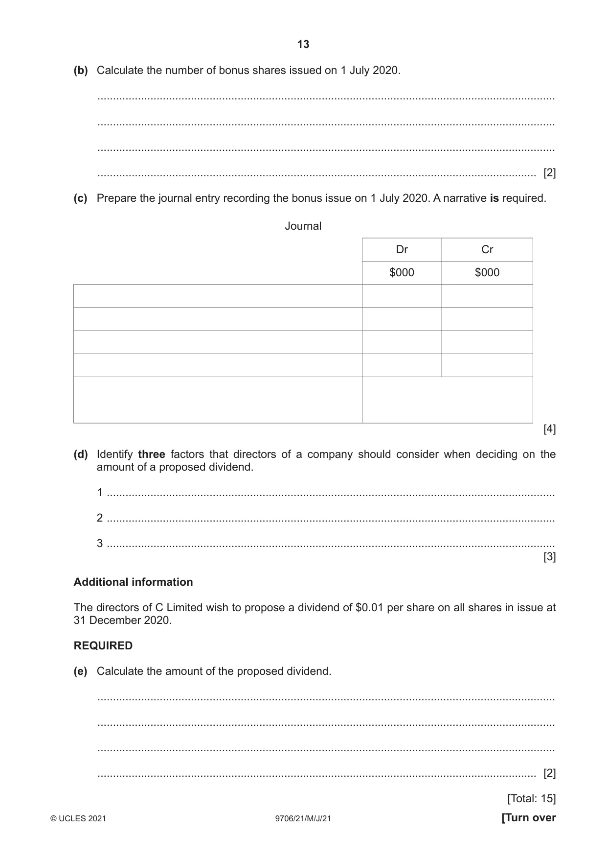 Cambridge A Level Accounting 9706 2021 May/June Paper 2 · Variant 1 question paper, page 13 of 20