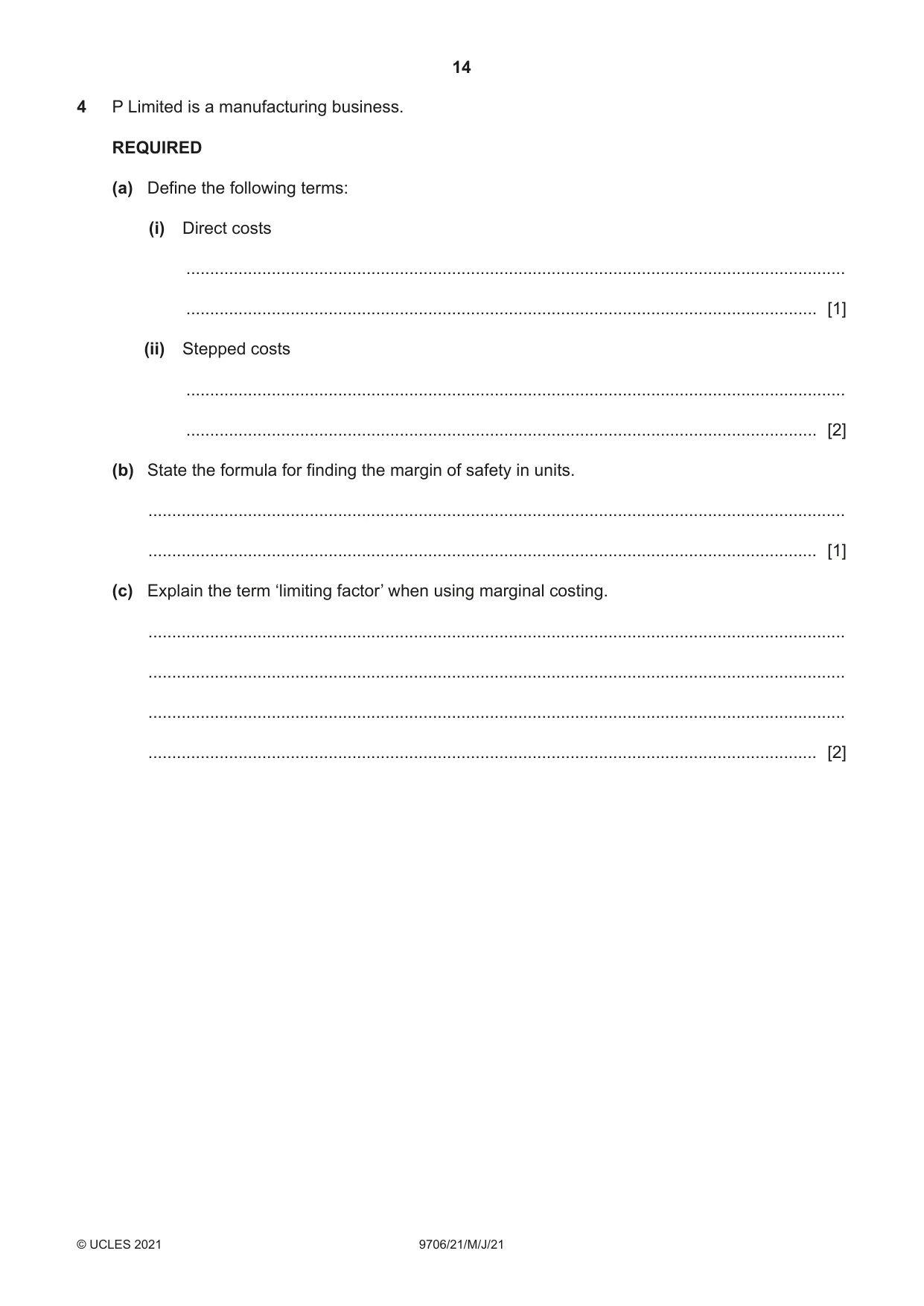 Cambridge A Level Accounting 9706 2021 May/June Paper 2 · Variant 1 question paper, page 14 of 20