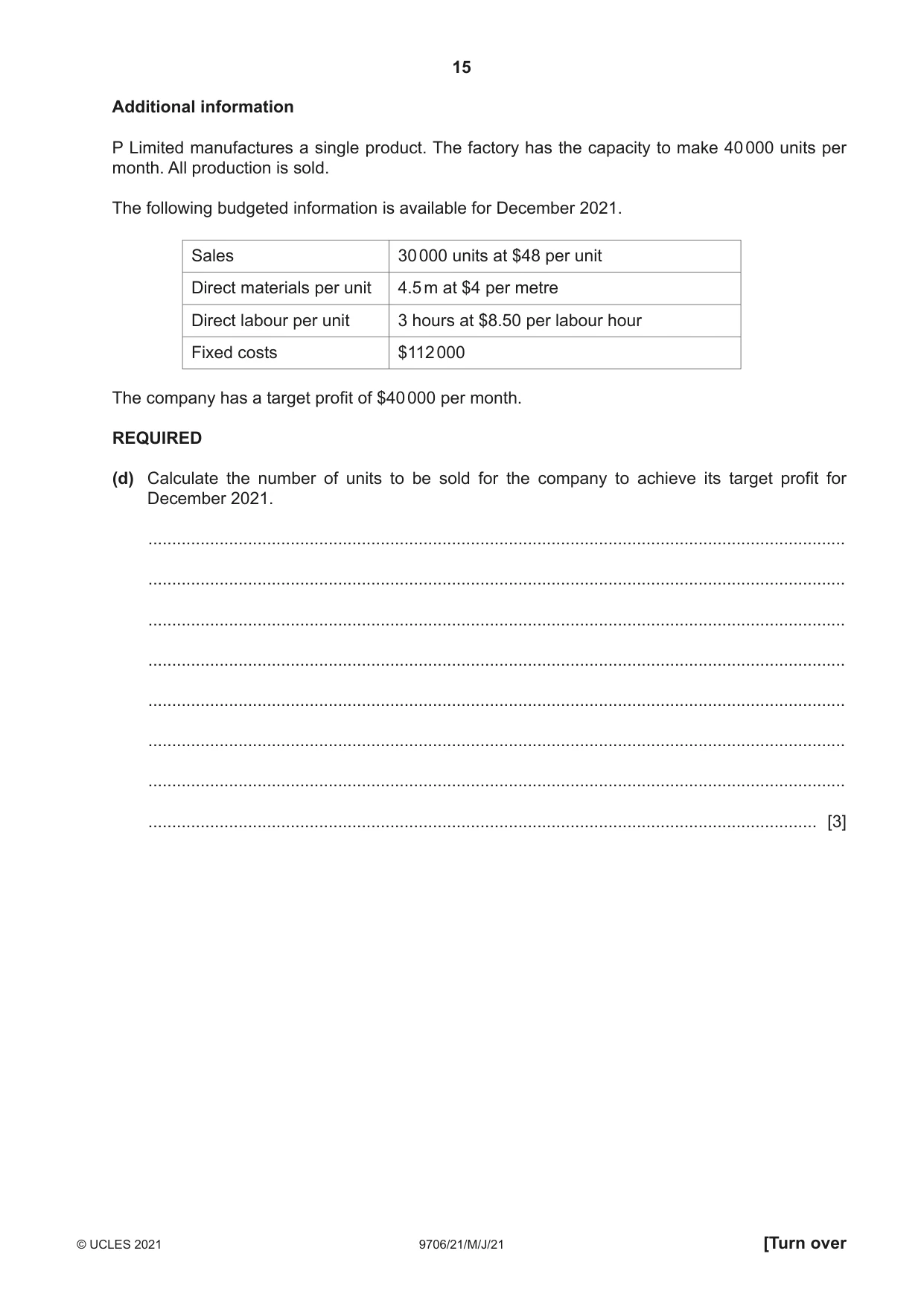 Cambridge A Level Accounting 9706 2021 May/June Paper 2 · Variant 1 question paper, page 15 of 20